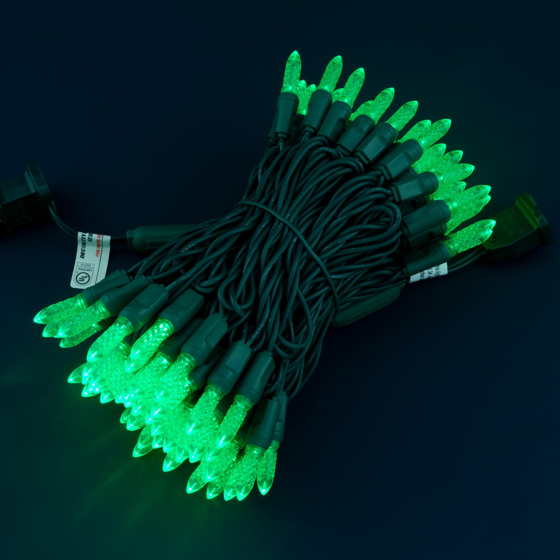 SWEET SHINE LED Christmas Lights, 33 ft Waterproof M6 Outdoor String Lights, Green Faceted, Green Cord, Model YX-M6-100-3