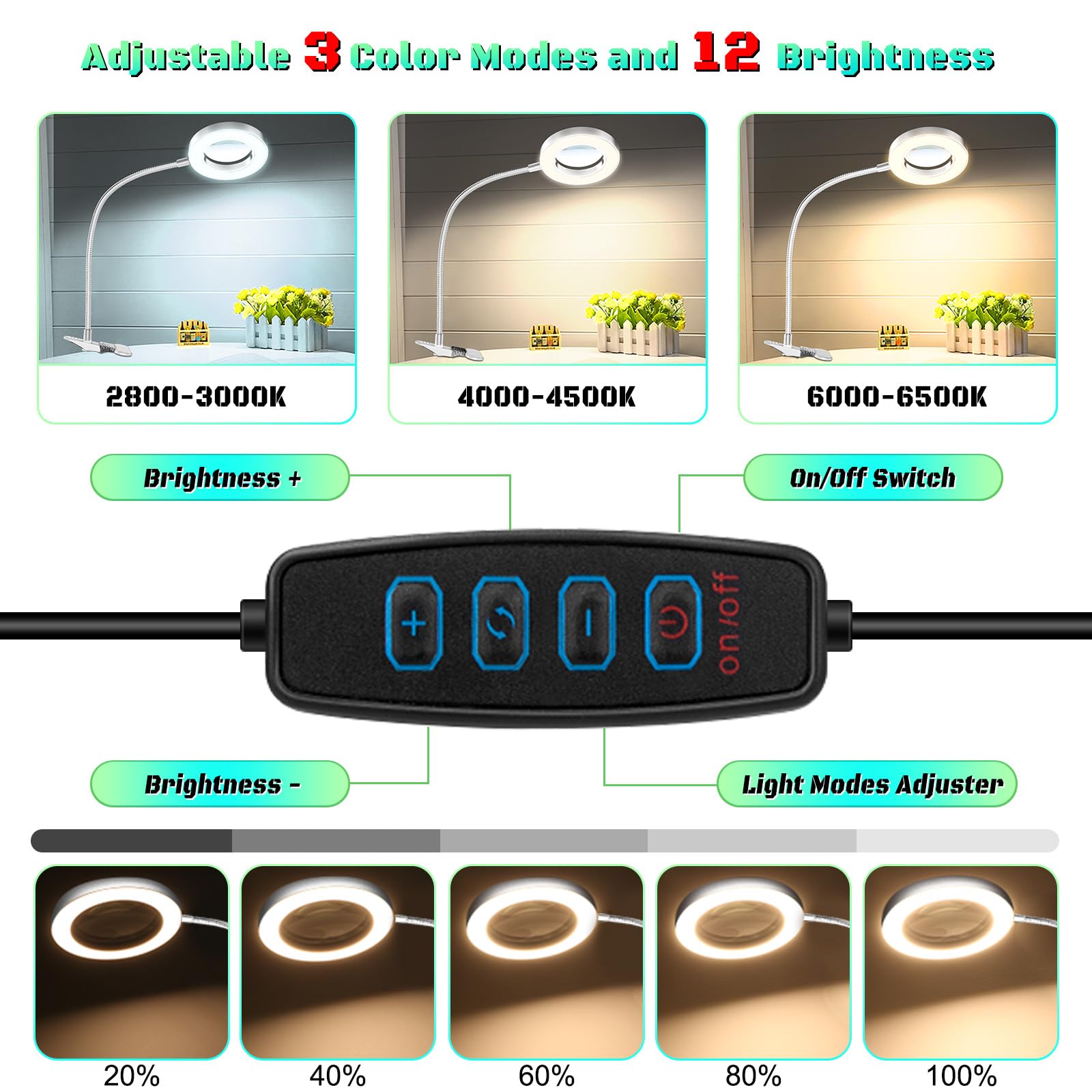 Nzqxjxz 10X Magnifying Glass With Light, Clip On Mganifier With Light, 48 Led Desk Lmap Magnifying Glass Wtih Clamp, 3 Modes Dim