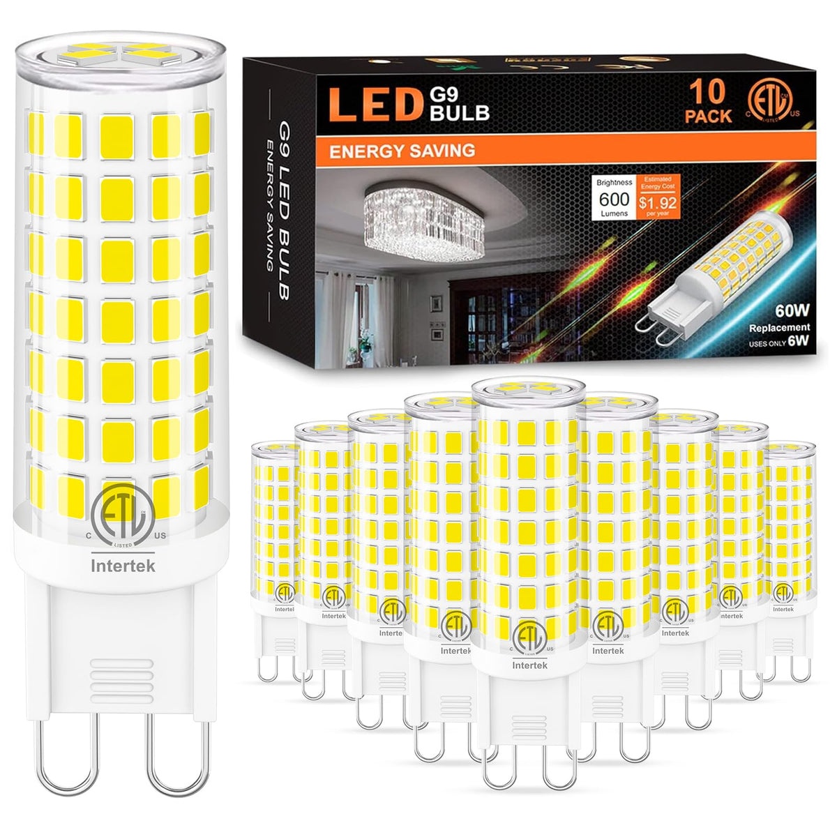 10 Pack G9 Led Bulb 6W (60W Halogen Replacement) 6000K Daylight T4 Chandelier Light Bulbs, Hansnag G9 Bi Pin Ceramic Base 600Lm,