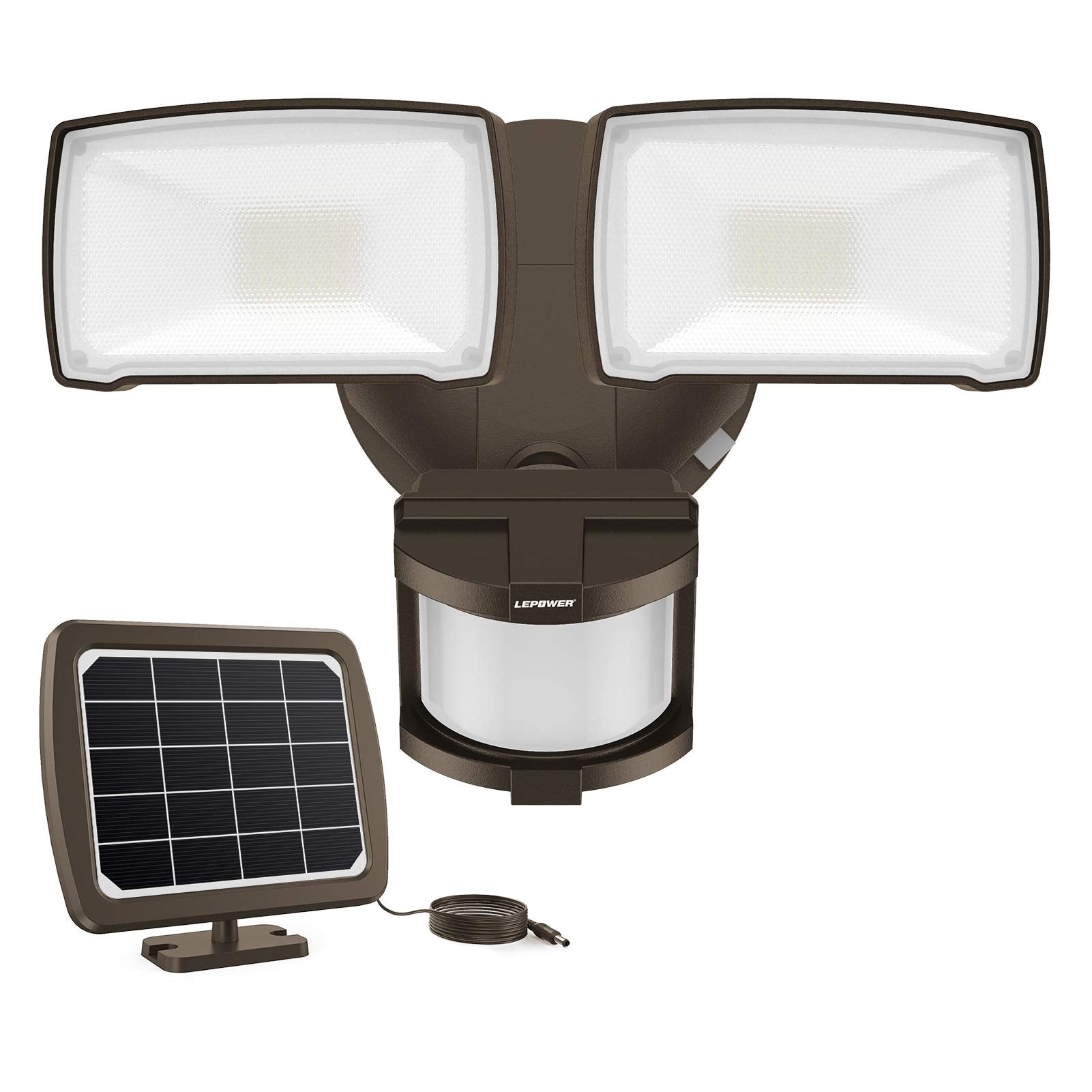 LEPOWER Solar Motion Sensor Light, 1000LM, 2 Head, IP65 Waterproof, 5500K, Brown, Model YY01C-BR
