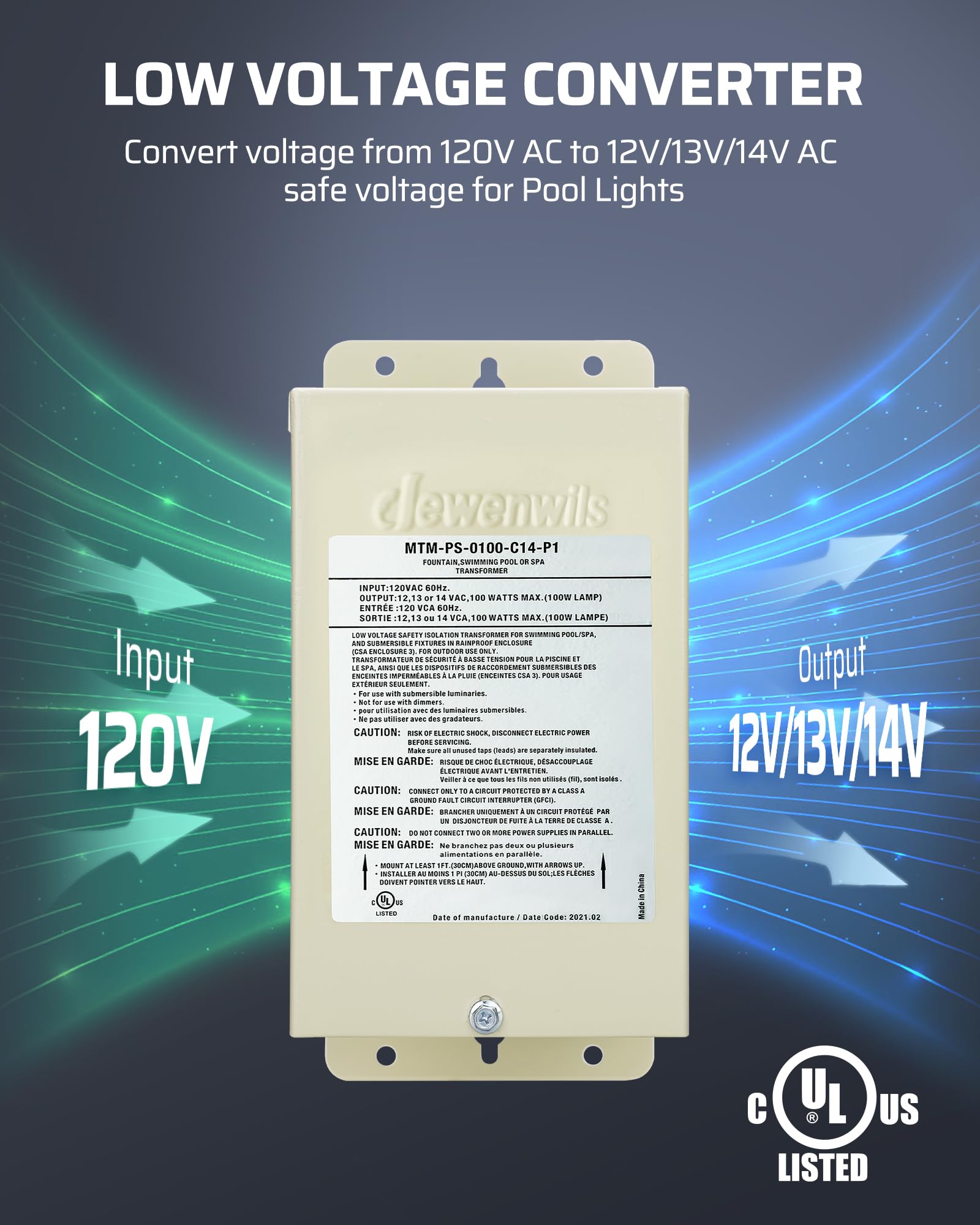 DEWENWILS 100W Pool Light Transformer, 120V AC to 12V-14V AC, Stainless Steel, Mud Color, Model HOSL07A, UL Listed