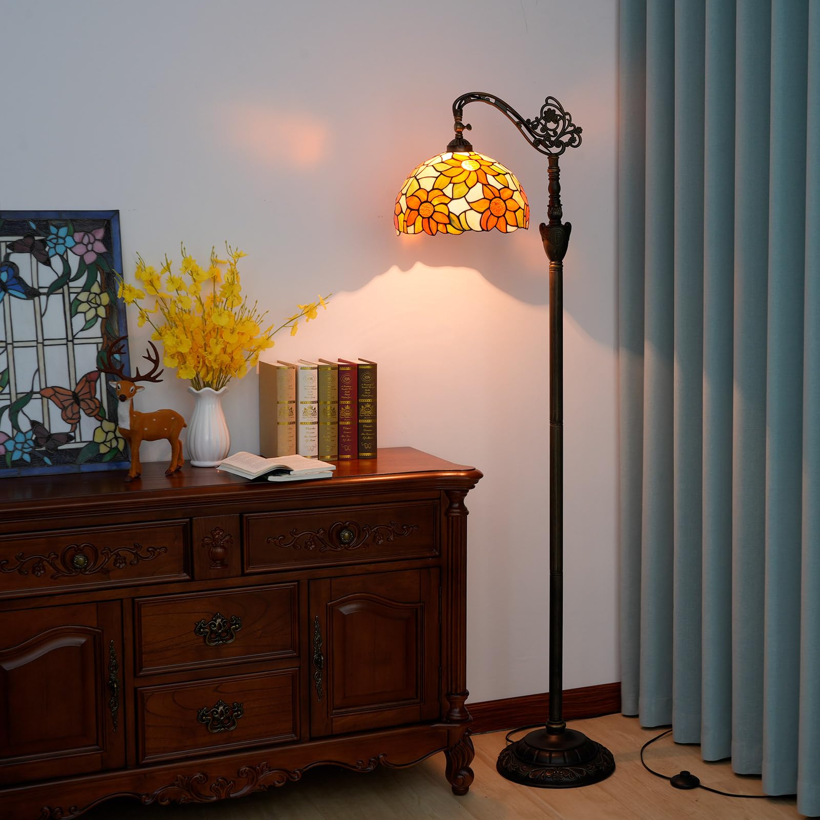 Blivuself Tiffany Floor Lamp - Yellow Sunflower Stained Glass, Adjustable Gooseneck, Foot Switch, Bulb Included, Model F12OFX015E