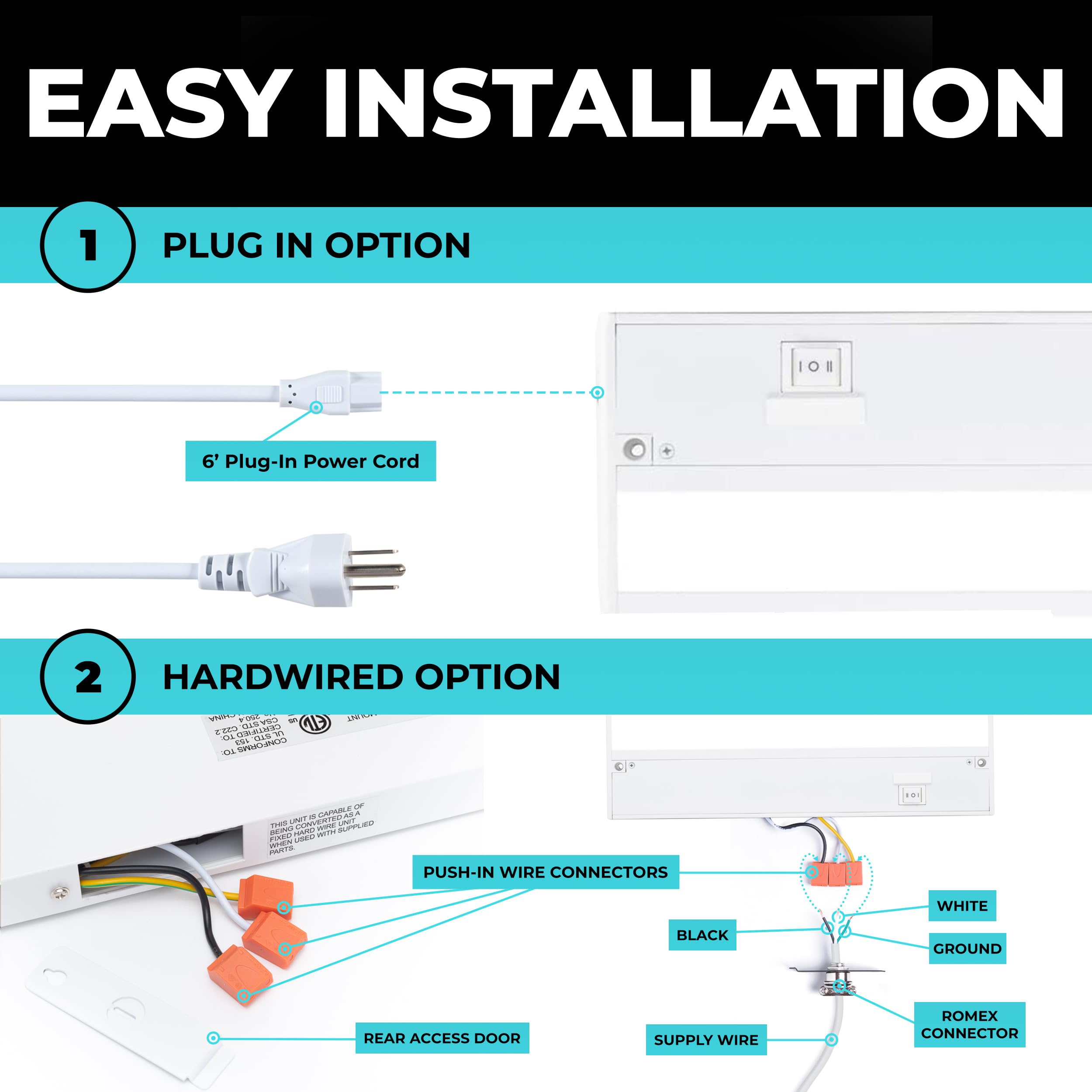 Led Under Cabinet Lighting Hardwired - Linkable Undercabinet Lights For Kitchen - 3Cct 18 Inch White Finish - Undercounter Dimmable Plug In Light Or Hard Wired - Under Counter Fixture Direct Wire