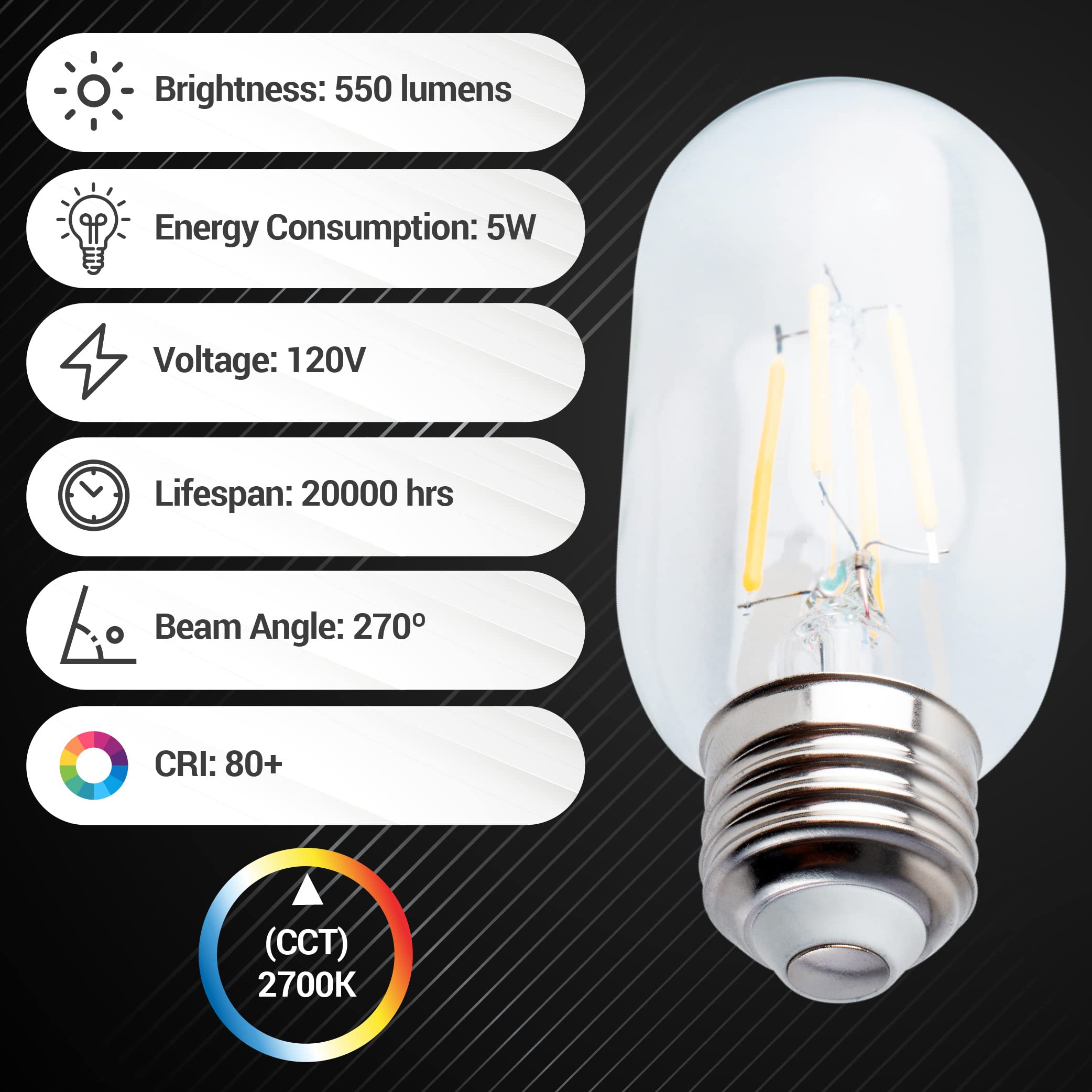 BlueStars T45 E26 Edison LED Light Bulb 5W 120V 2700K Warm White Clear Glass 3 Pack