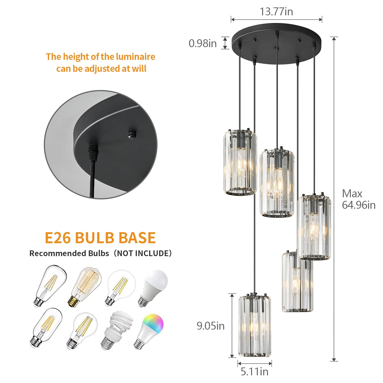 Zhllmq Black Pendant Lighting Modern Pendant Light  Mini Crystal Chandeliers Adjustable Pendant Light Fixture For Kitchen Island Dinning Room Corridor Bedroom(Gold 5-Light)