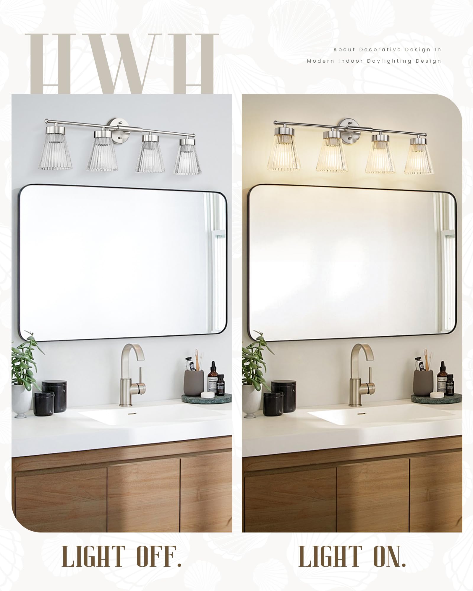 4-Light Bathroom Vanity Light Fixtures  Hwh Brushed Nickel Bathroom Vanity Lighting Modern Vanity Light Over Mirror With Clear Striped Glass Shade  5Hzg97B-4W Bn