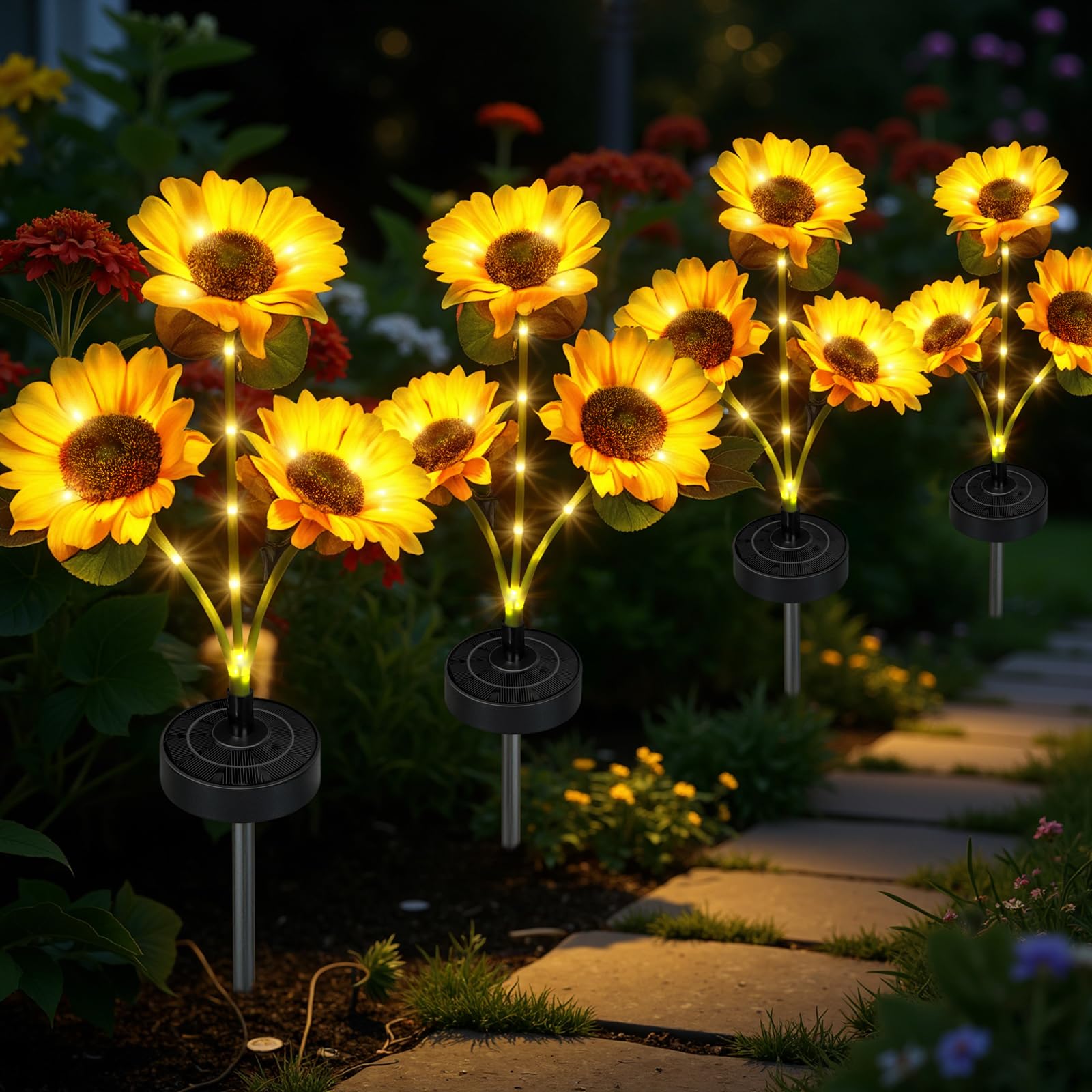 Freshaction Upgraded Solar Sunflower Lights, 4-Pack Solar Garden Lights with Bigger Round Panel, 40-Hour Runtime for Indoor & Ou