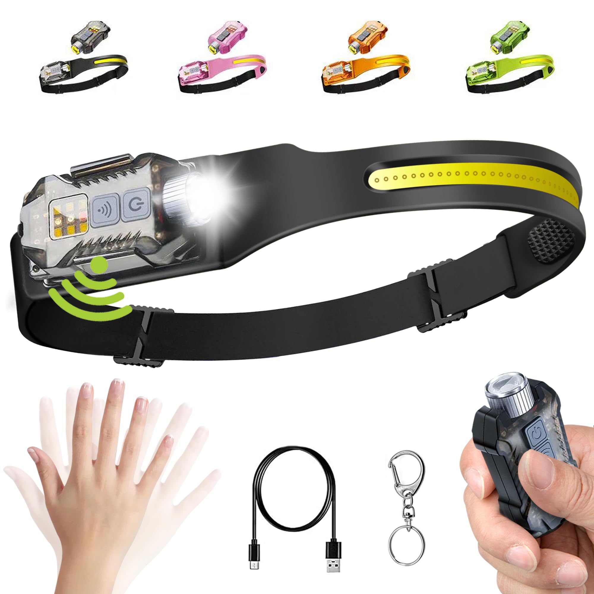 HELINYAN 2-in-1 LED Headlamp Rechargeable, Sensing COB Headlamp Flashlight, IP65 Waterproof Magnetic 9 Modes Head Light for Adul