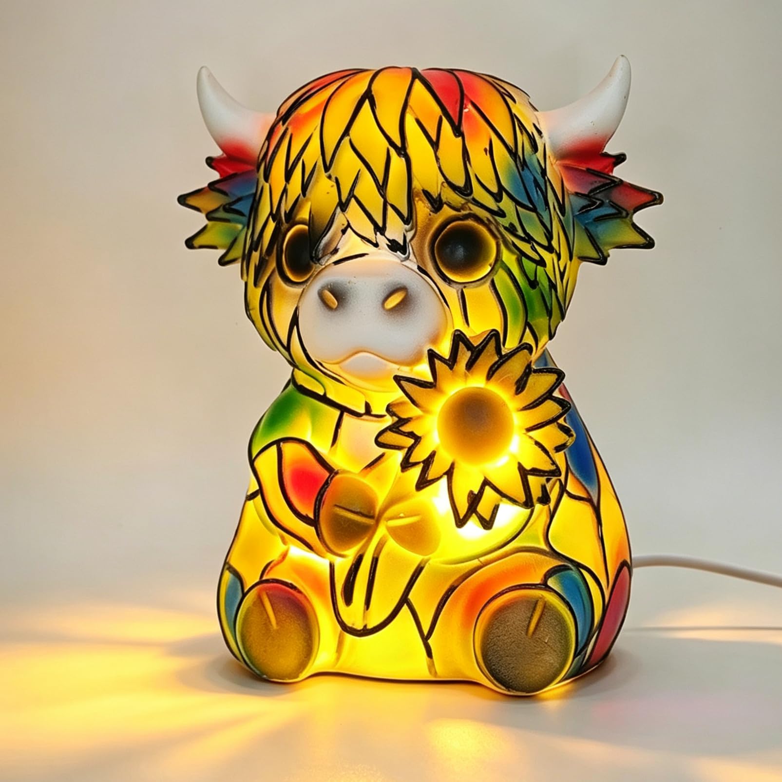 Rehenbsem Highland Cow Sunflower LED Night Light, 15cm Colorful Resin Table Lamp, Bedroom Desk Bookshelf Decoration, Gift for Co