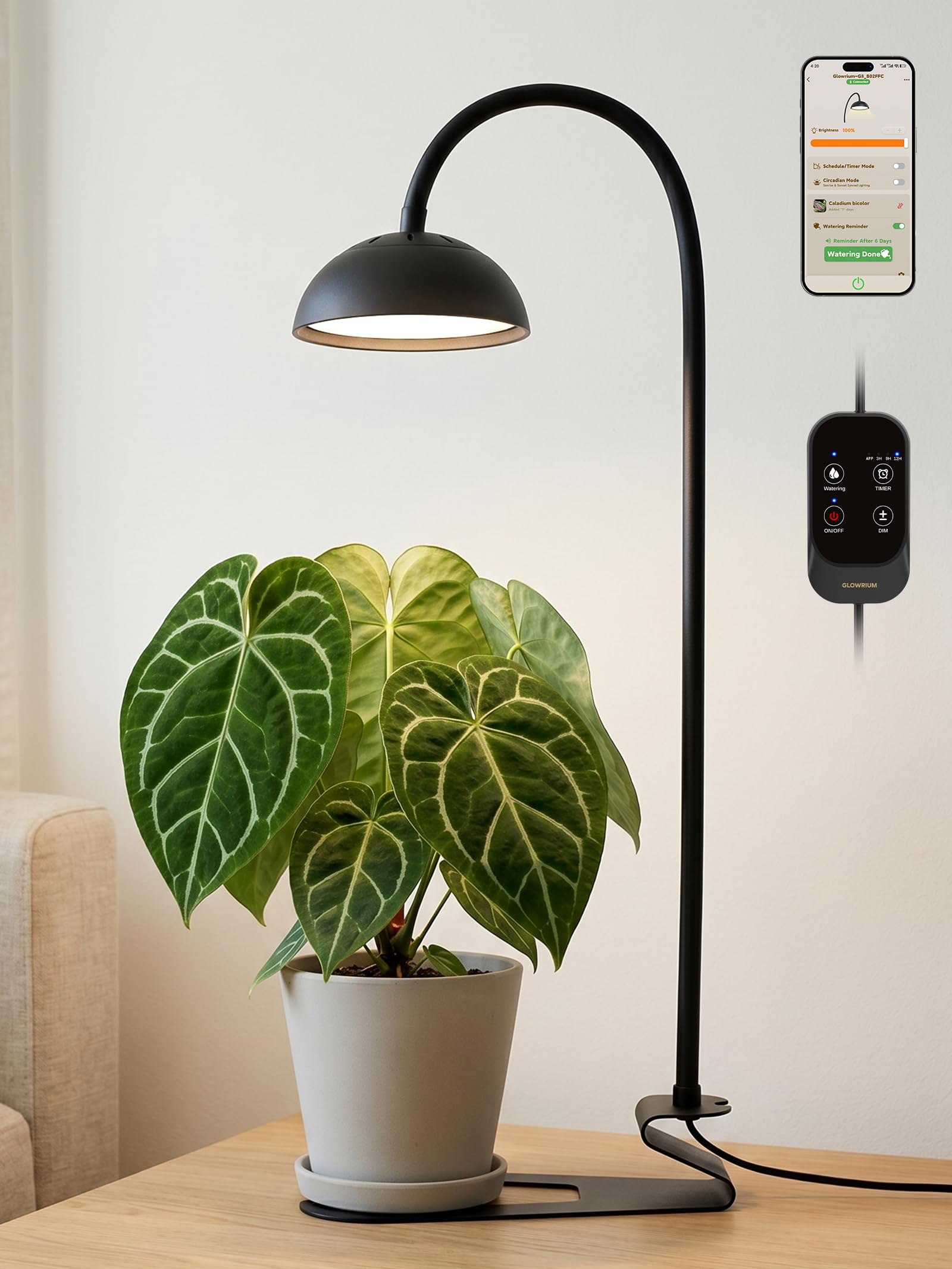 GLOWRIUM Smart Grow Lights for Indoor Plants,10W Full Spectrum Plant Lights with Bluetooth App Control, 360 Flexible Gooseneck G