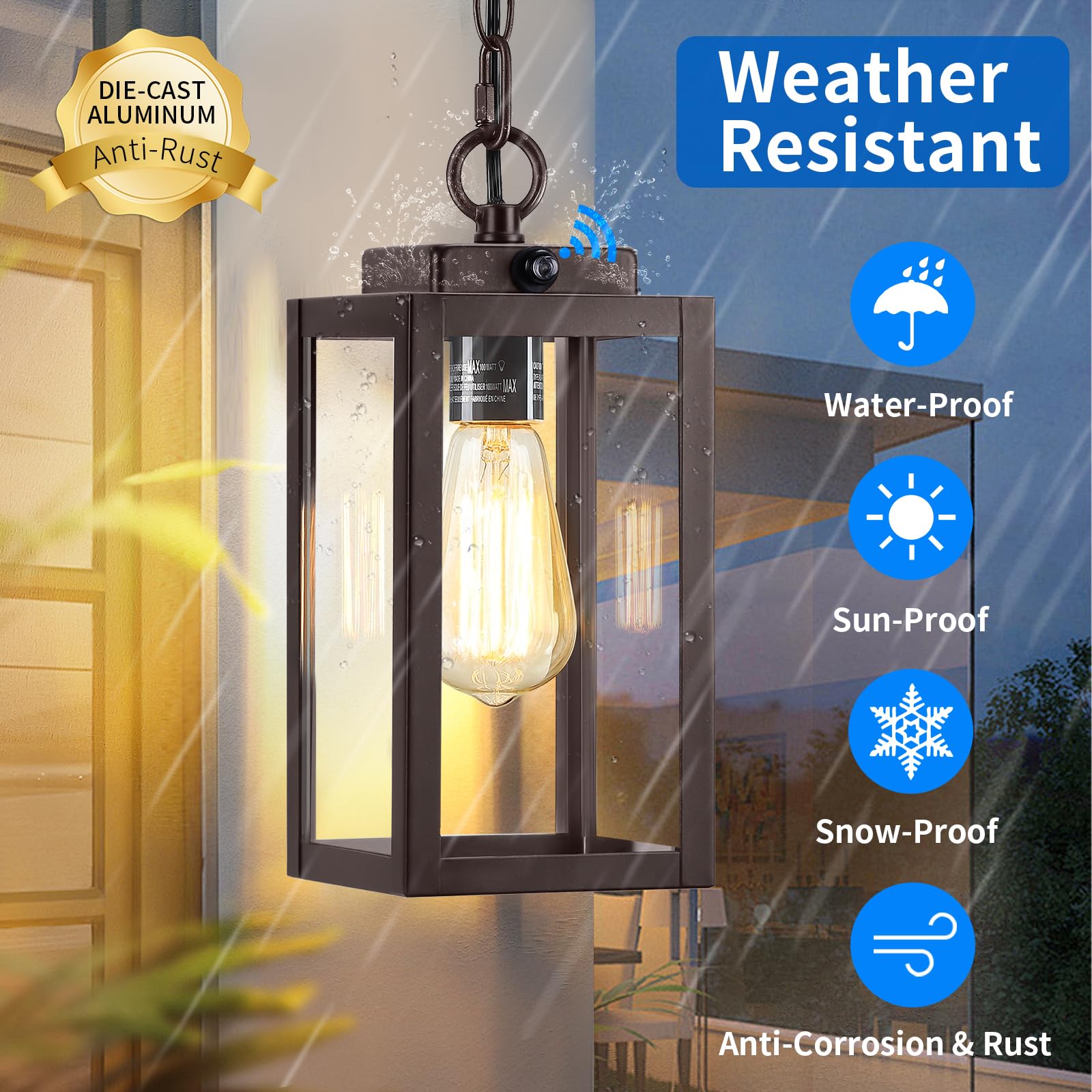 11'' Outdoor Pendant Light, Dusk To Dawn Modern Outside Chandelier Outdoor Hanging Lantern Light, Matte Brown With Clear Glass,