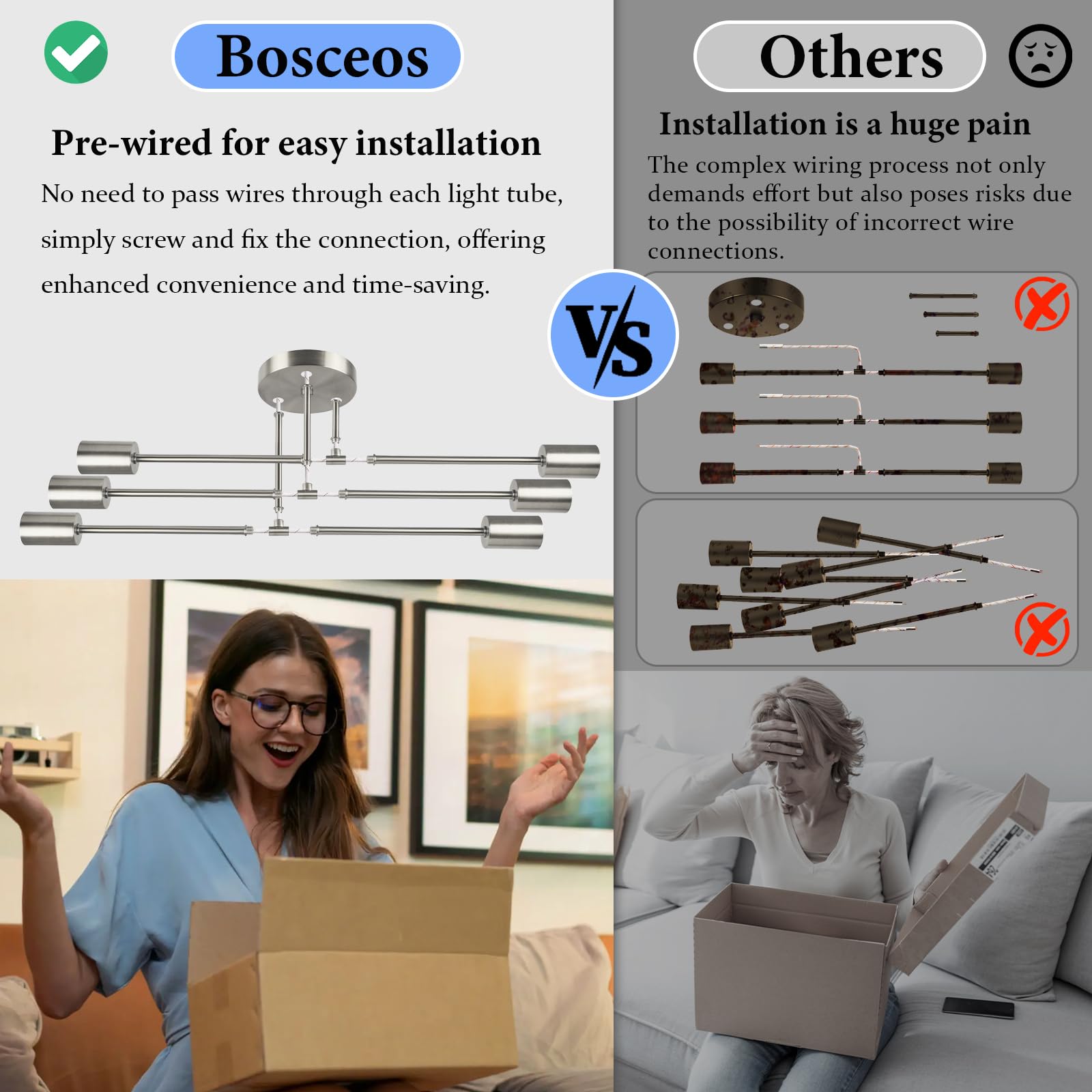 Bosceos Modern 6-Light Sputnik Chandelier, Brushed Nickel Ceiling Fixture For Living Room & Kitchen