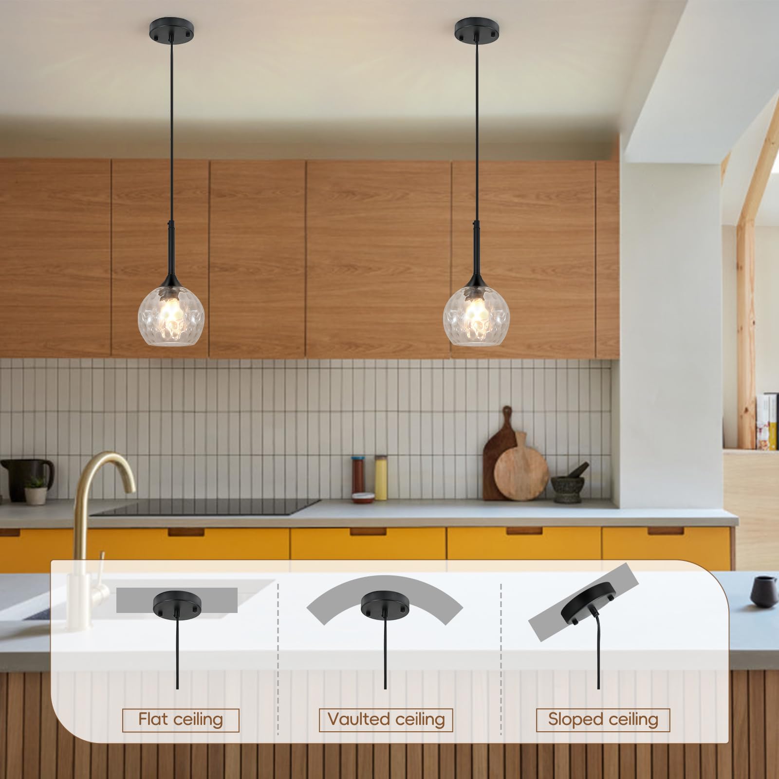 JHLBYL Glass Pendant Light Fixtures, 2 Pack, 6in  Black with Clear Hammered Glass, Model HGPL02