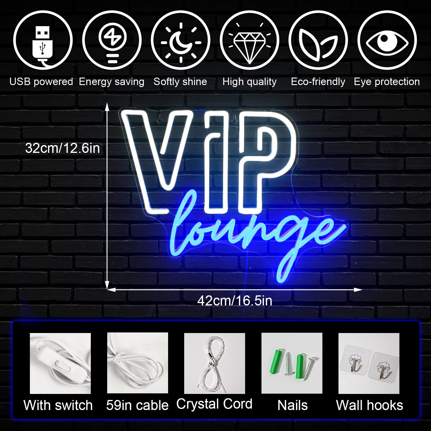 Horseneon VIP Lounge Neon Sign - LED Wall Decor for Bar, Hotel, Cafe, Home - USB Powered, Blue & White Acrylic