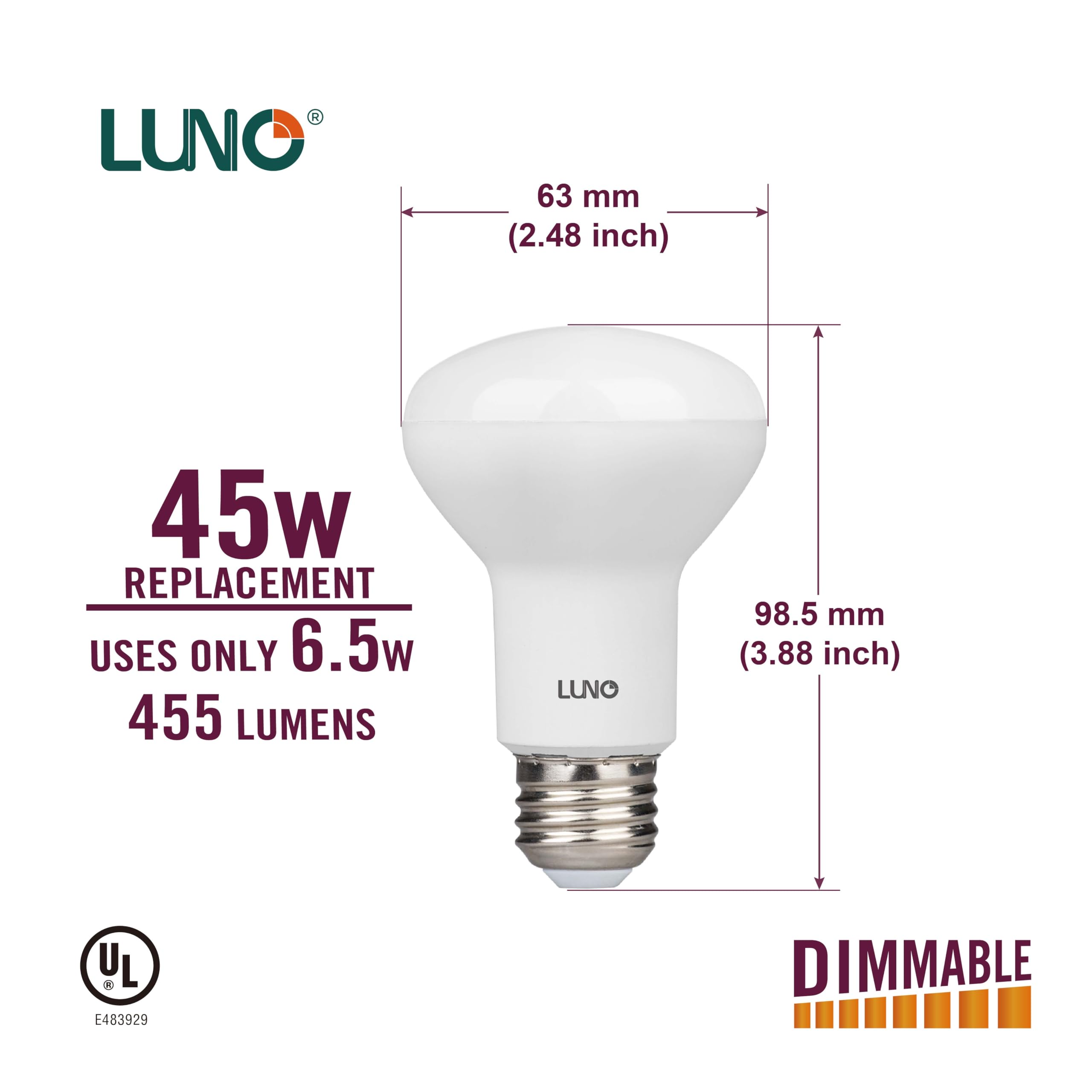 LUNO R20 Dimmable LED Bulb, 6.5W (45W Equivalent), 455 Lumens, Soft White, E26 Base, 4-Pack