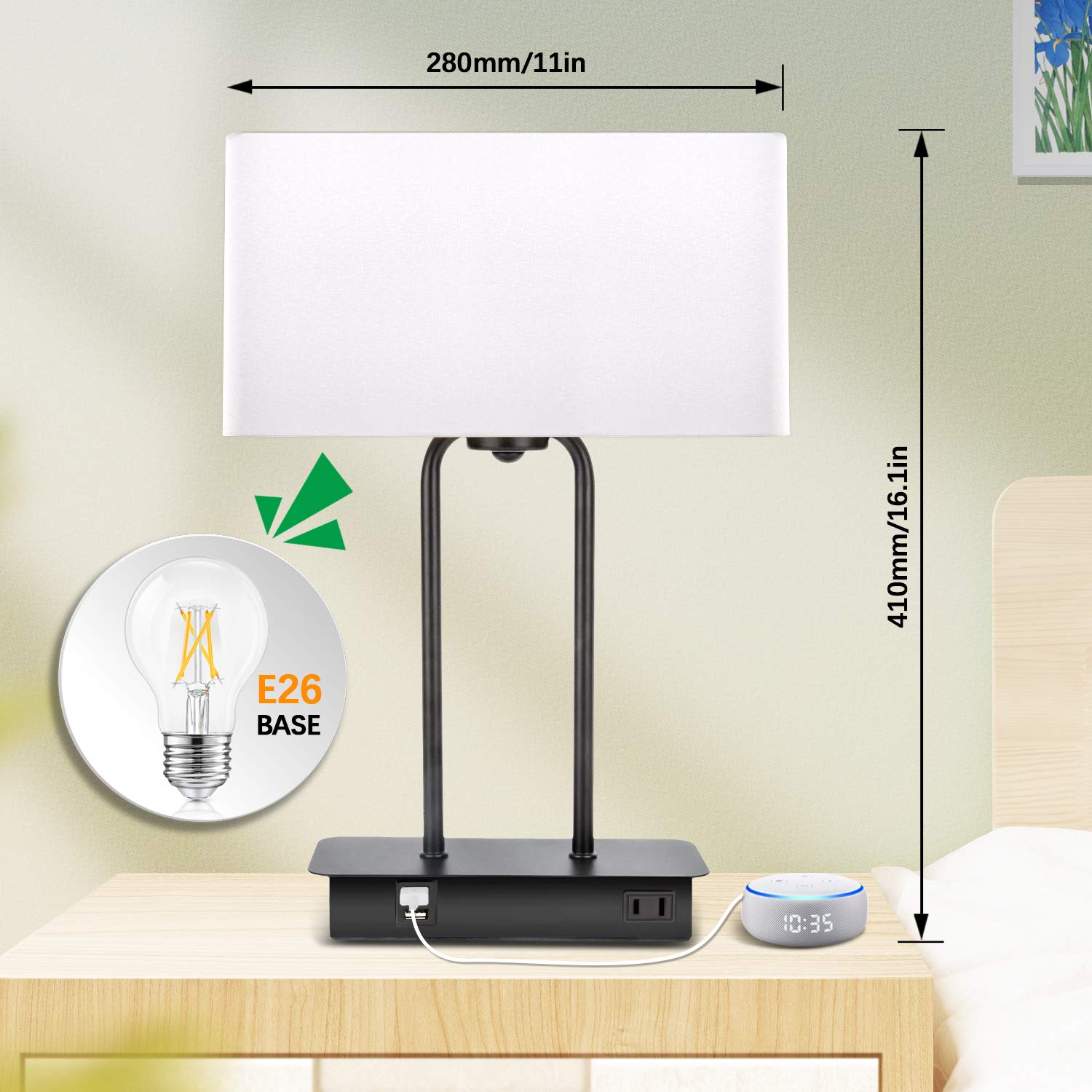 Beslowe 3-Way Dimmable Touch Control Table Lamp With Usb Ports & Ac Outlet, White Fabric Shade