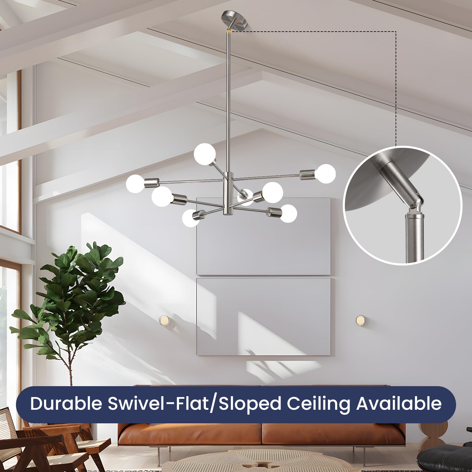 RUIYEY Modern Sputnik Chandelier, 8-Light Brushed Nickel Ceiling Light, Adjustable Pendant for Dining Room & Entryway