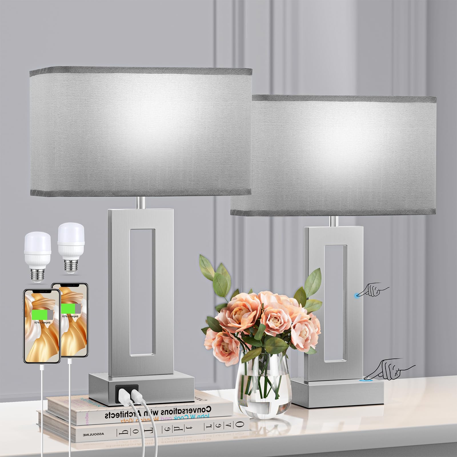 Bedroom Table Lamps Set Of 2 - Grey Touch Bedside Lamps With Usb C+A, 3 Way Dimmable Gold Lamp For Nightstand, Modern Night Stan