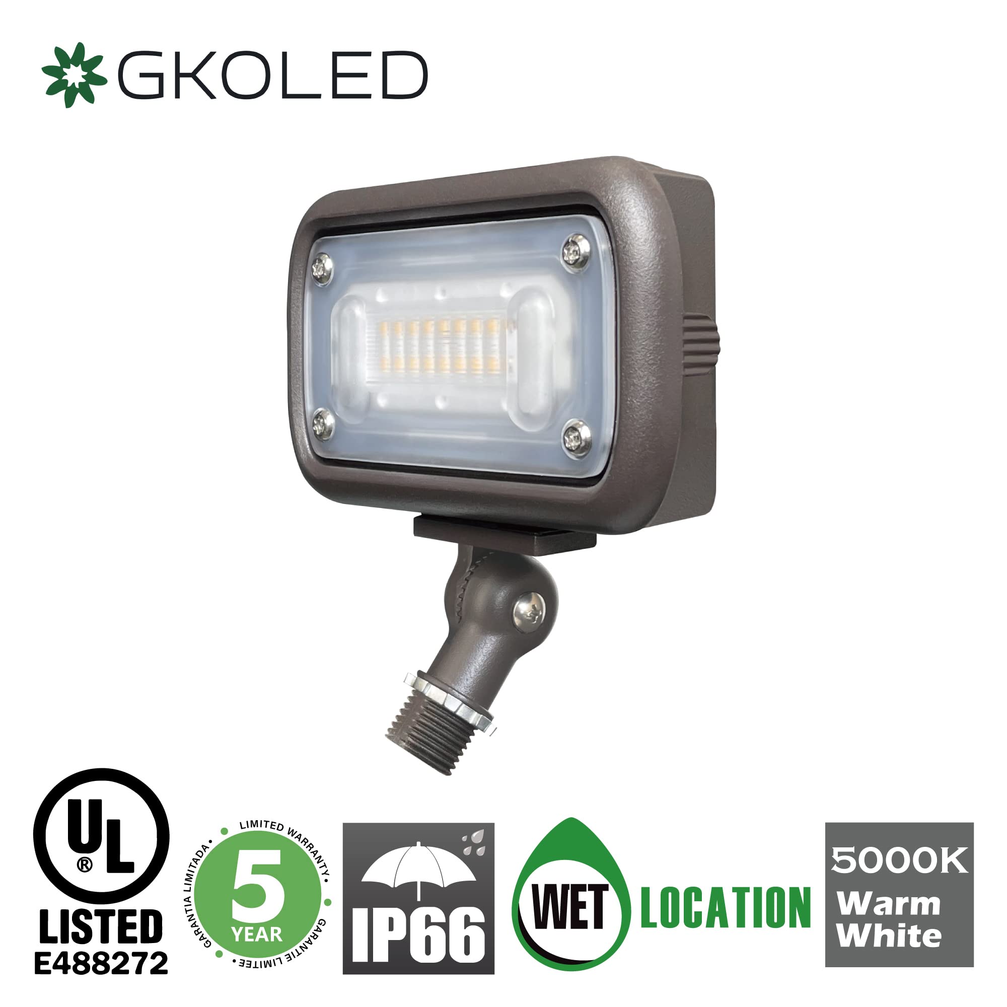 Gkoled 15W Led Floodlight, Outdoor Security Fixture, 1500 Lumens, 50W Mh Equivalent, 5000K Daylight White, 120-277V, Ul-Listed (