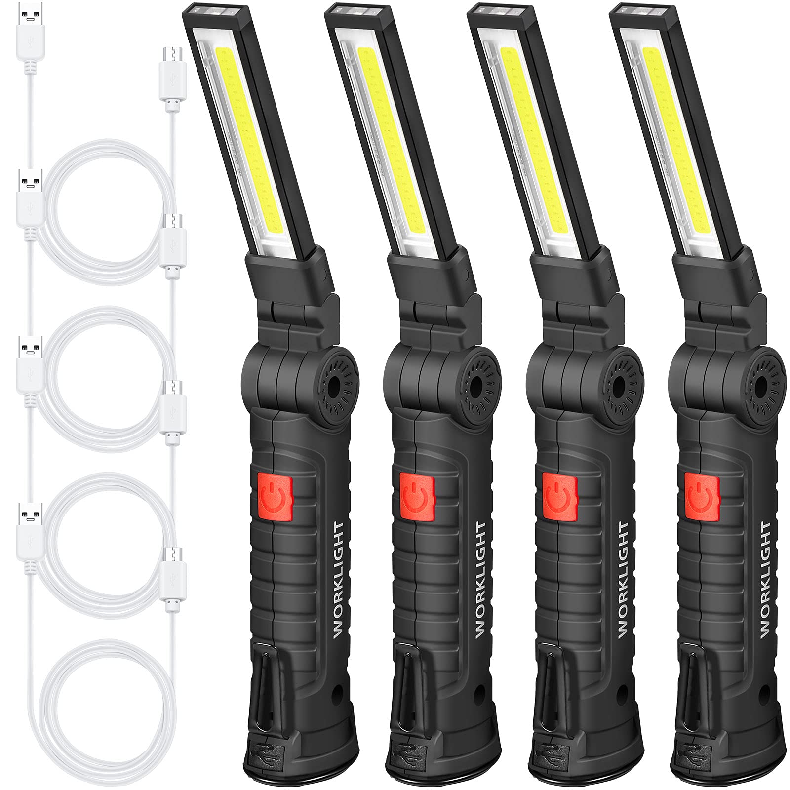 Honoson LED Work Light - 4 Pieces, Rechargeable, Magnetic Base, 5 Modes, Large, Black, Portable for Car Repair and Outdoor Use
