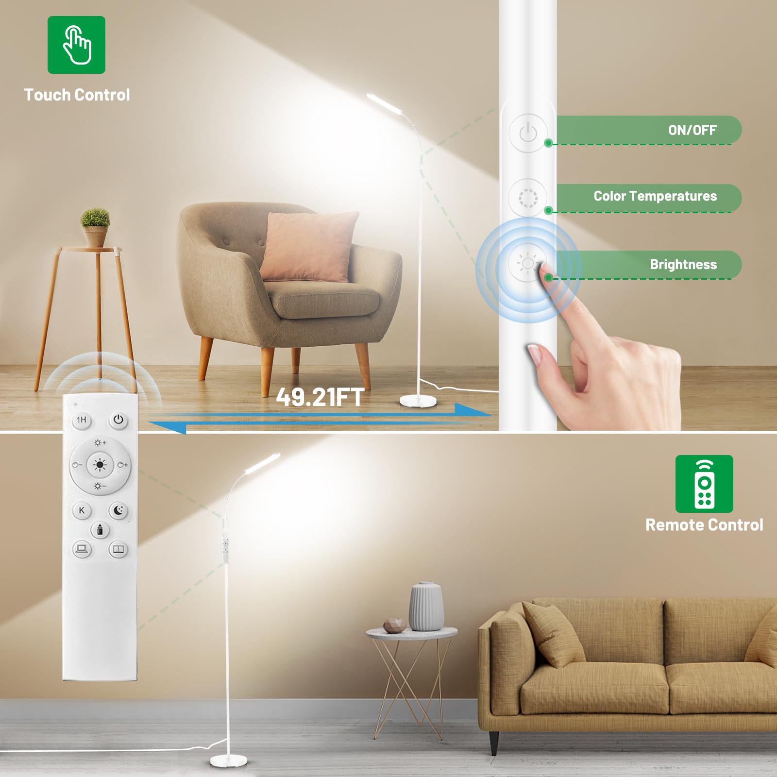 Yikuneng Dimmable Led Floor Lamp, Super Bright Reading Lamps Floor Standing Lamp With Remote & Touch Control, Stepless Dimming &