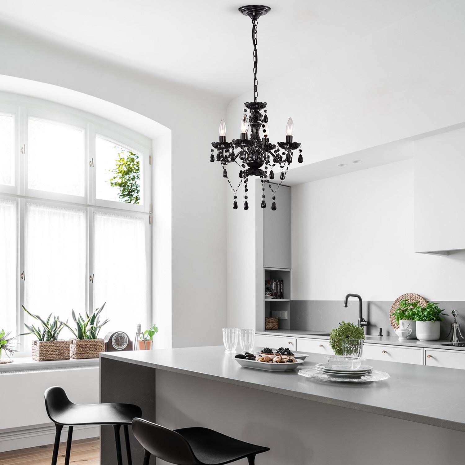 Lalula Black Mini Crystal Chandelier 4-Light Modern Pendant Light Fixture