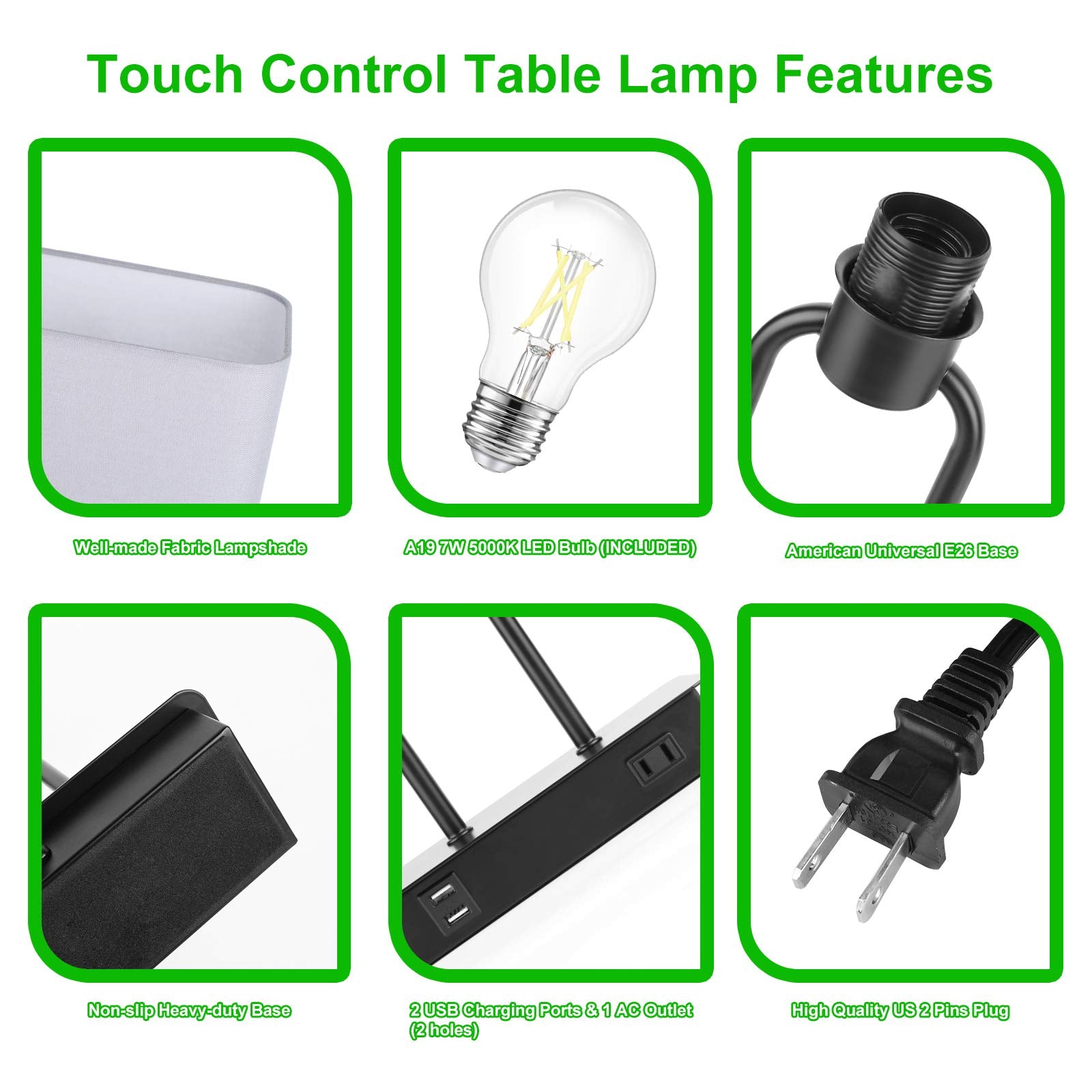 Bedside Touch Control Table Lamp With Dual Usb Charging Ports 1 Ac Outlet, 3 Way Dimmable Modern Nightstand Lamp With Grey Fabri