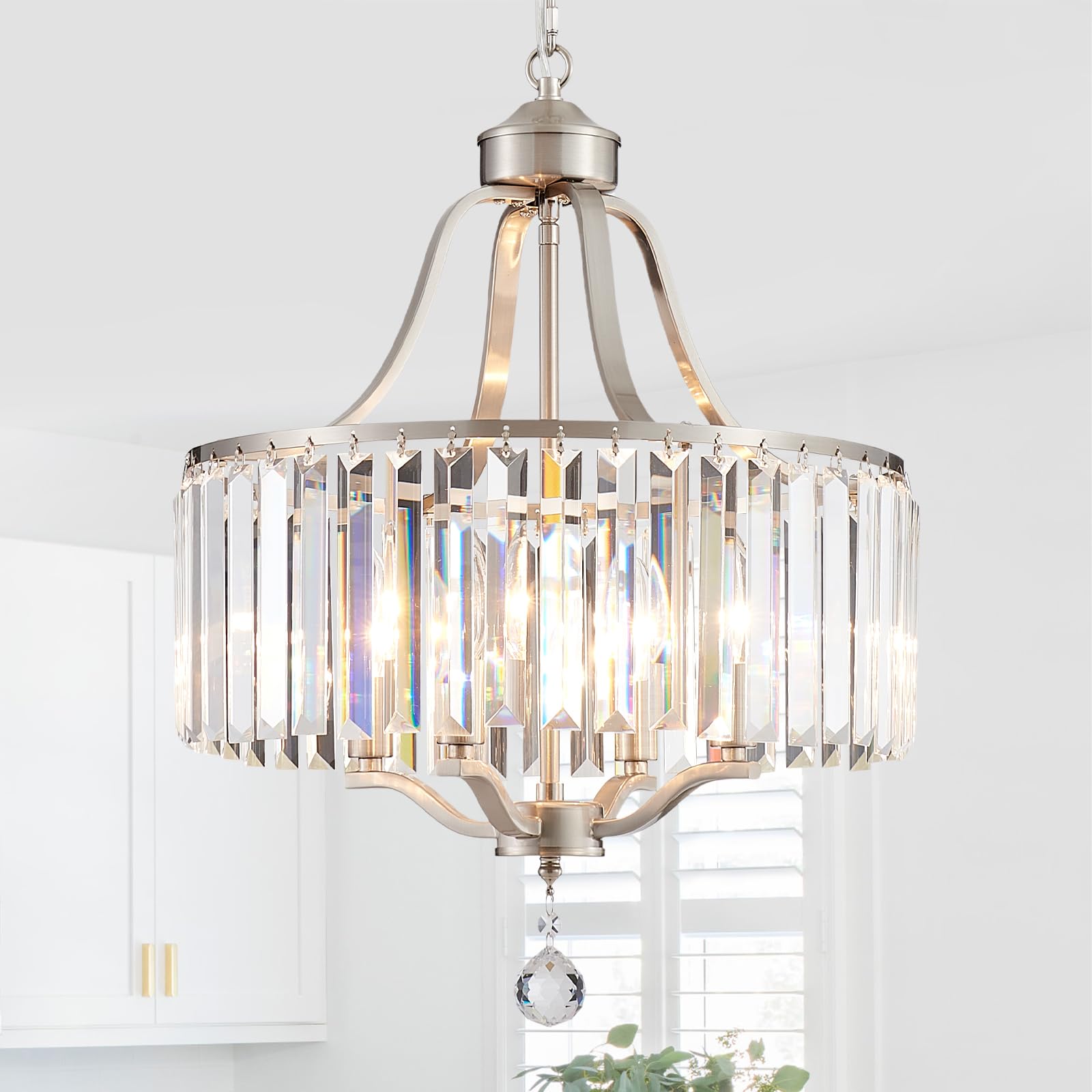 peskoe Modern Crystal Chandeliers Round 4-Light Large Brushed Nickel Pendant Lighting Fixture for Dining Room Living Room Kitche