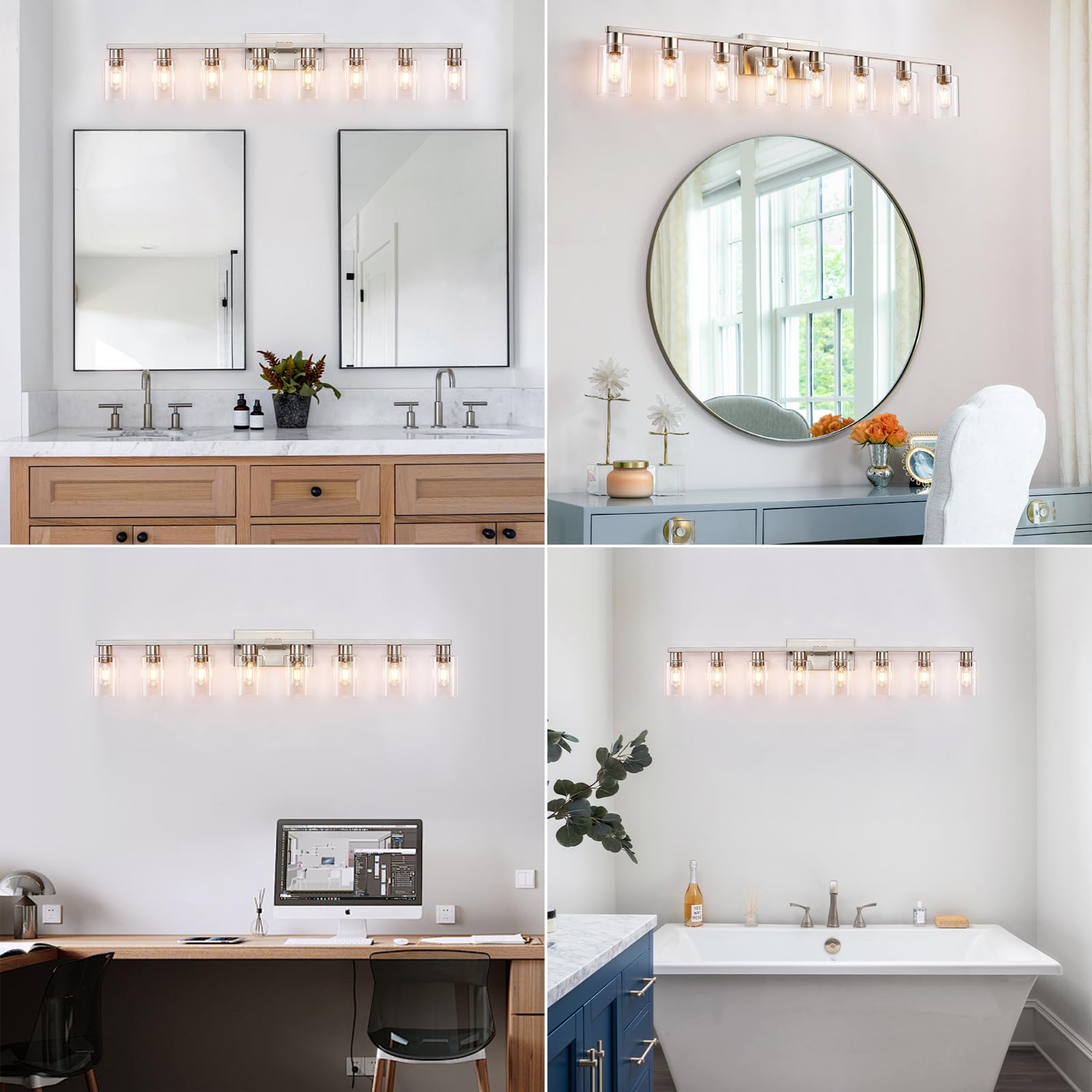 Hdasic 8 Light Bathroom Vanity Light  Large Brushed Nickel Vanity Lights Fixtures  Bathroom Lighting Fixture Over Mirror With Clear Glass Shade For Mirror  Bedroom  Living Room  Wall Lamp