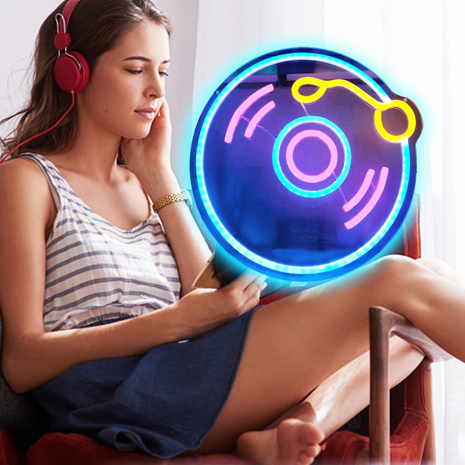 Record Neon Sign Dimmable Music Neon Signs for Wall Decor Player Record Neon Light Live Music Neon Sign Art Music Neon Light Sig