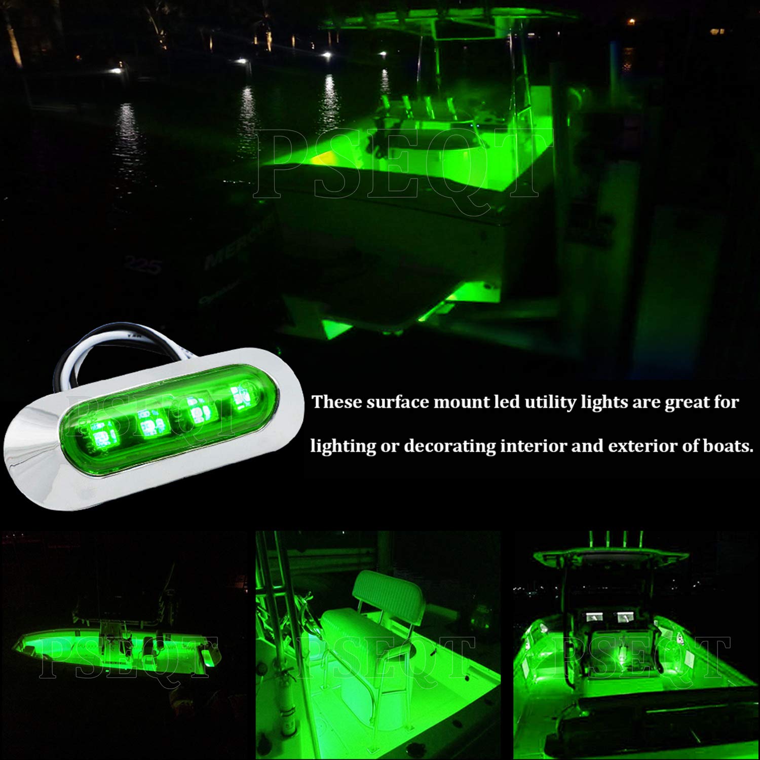 PSEQT Marine LED Lights - Waterproof Interior Deck Light, 3.8in x1.29in x0.78in , Green, 12V/24V, Polycarbonate Lens, Chrome