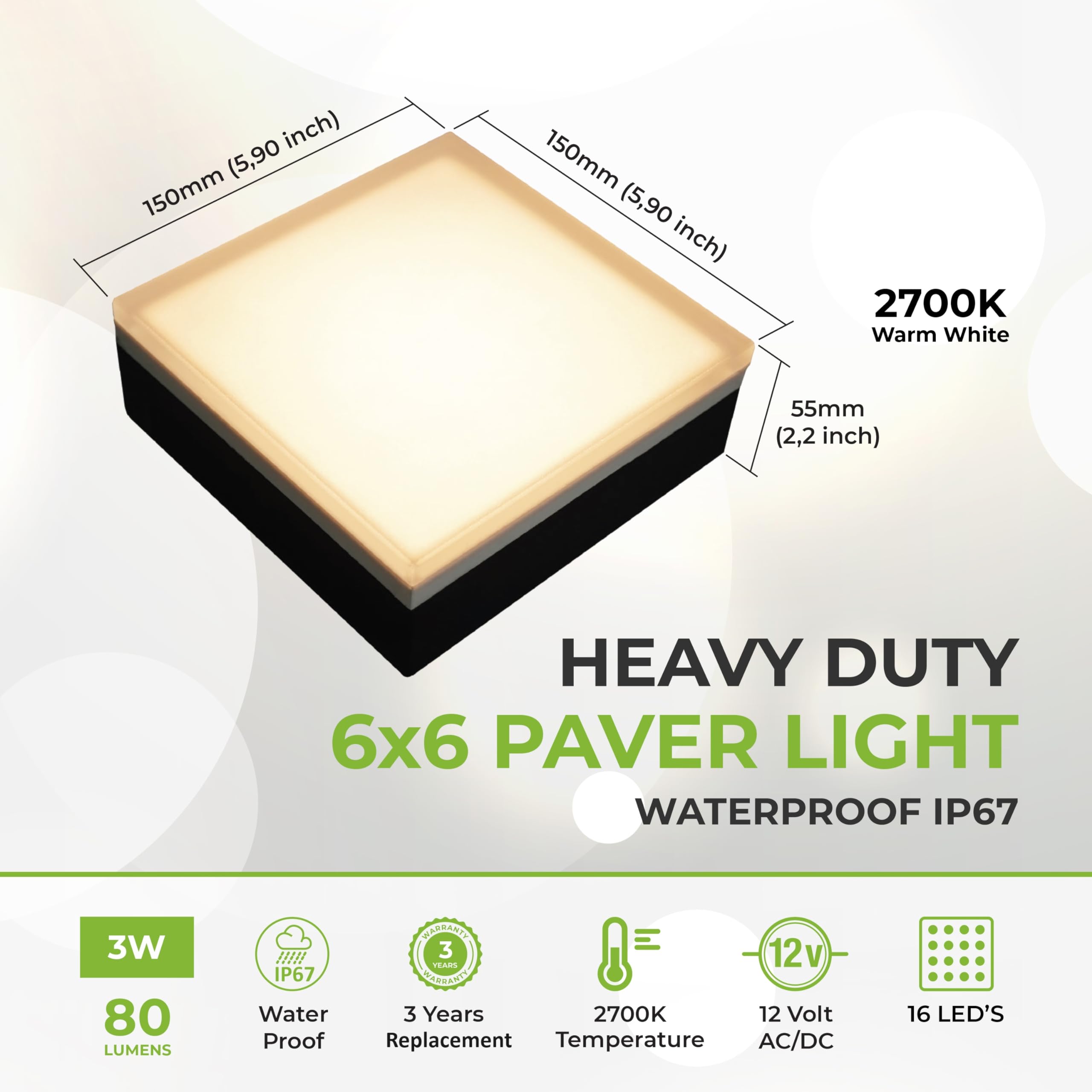Lumengy Paver Light 6  6 Inch, Warm White Glare-Free Illumination For Driveways, Pathways, Pool Deck & Patios,12V Ac/Dc, Waterpr