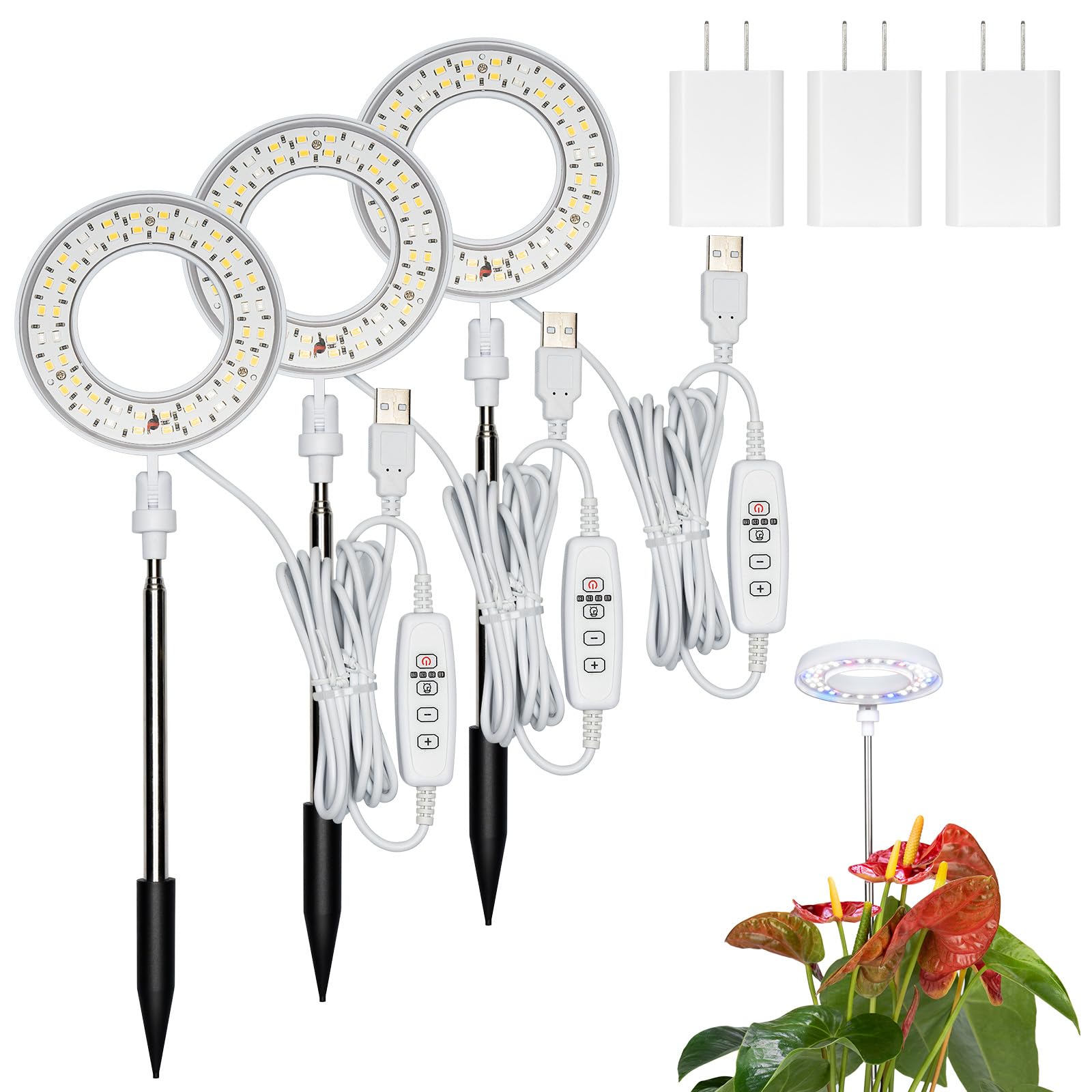 Rodinto Plant Lights For Indoor Growing, Full Spectrum Grow Light With 48 Leds, 5 Dimmable Levels Super Bright Halo Grow Lights, With Automatic Timer, Height Adjustable 7&quot;-17&quot;, Pack Of 3