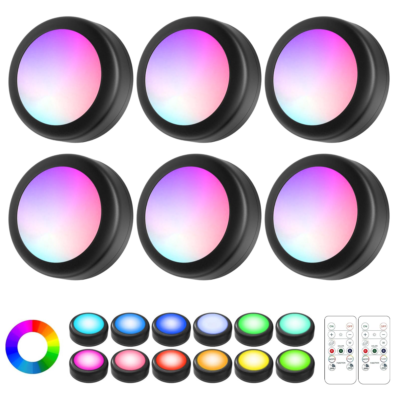 LED Puck Lights with Remote Control, 16 Color Changeable Under Cabinet Lights with Control & Timing