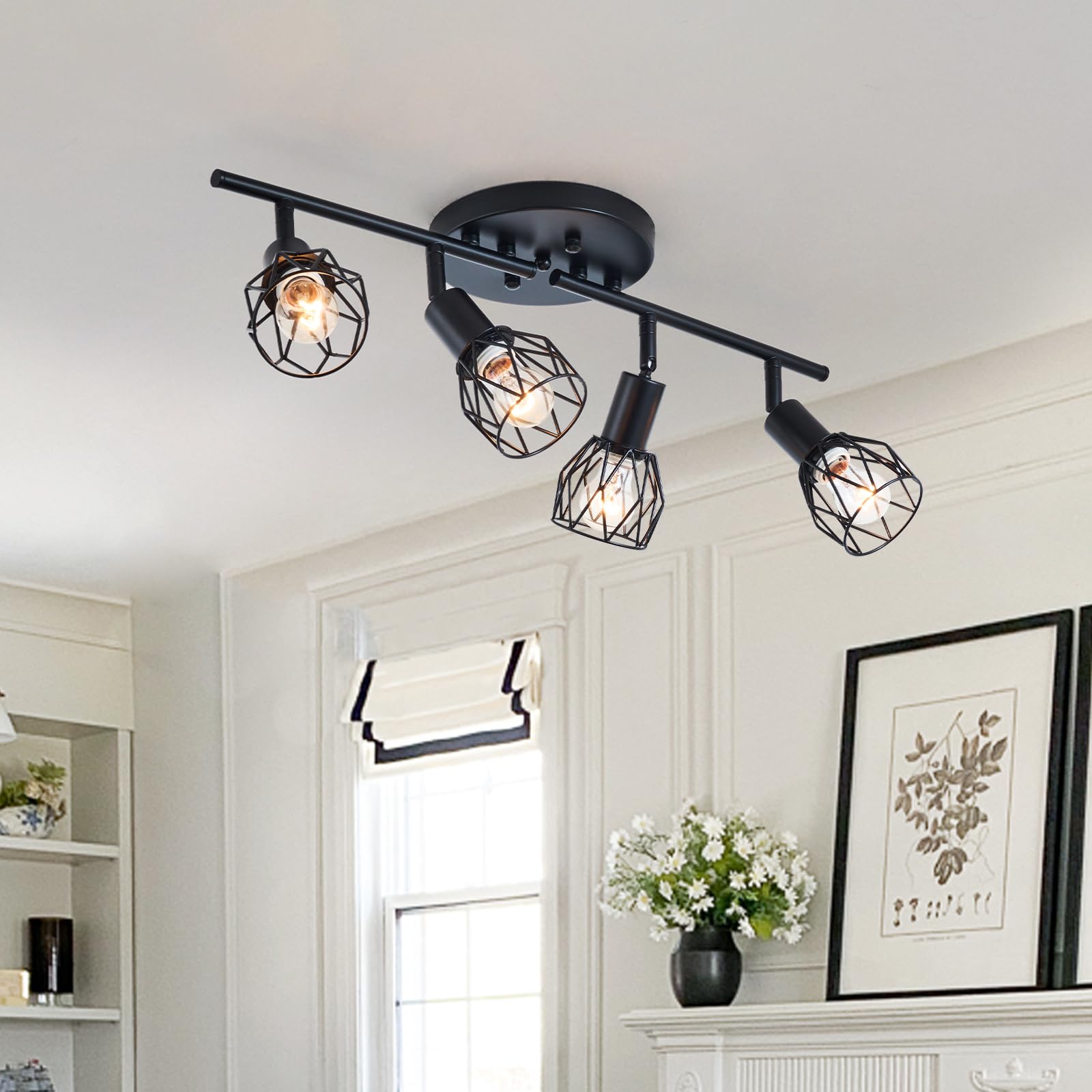 Track Lighting Kit  4-Light Adjustable Multi-Directional Ceiling Light Fixtures  Vintage Black Metal Wire Cage Farmhouse Light Fixtures Ceiling Mount For Kitchen Dining Table Hallway Bathroom Bedroom