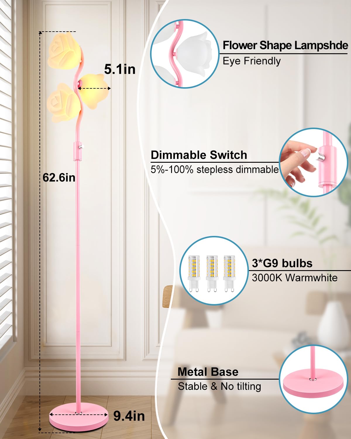 Lightdot Pink Flower Floor Lamp Stepless Dimmable Modern Mid Century Standing Lamp Floral 3-Light Floor Lamps With 3000K G9 Bulb