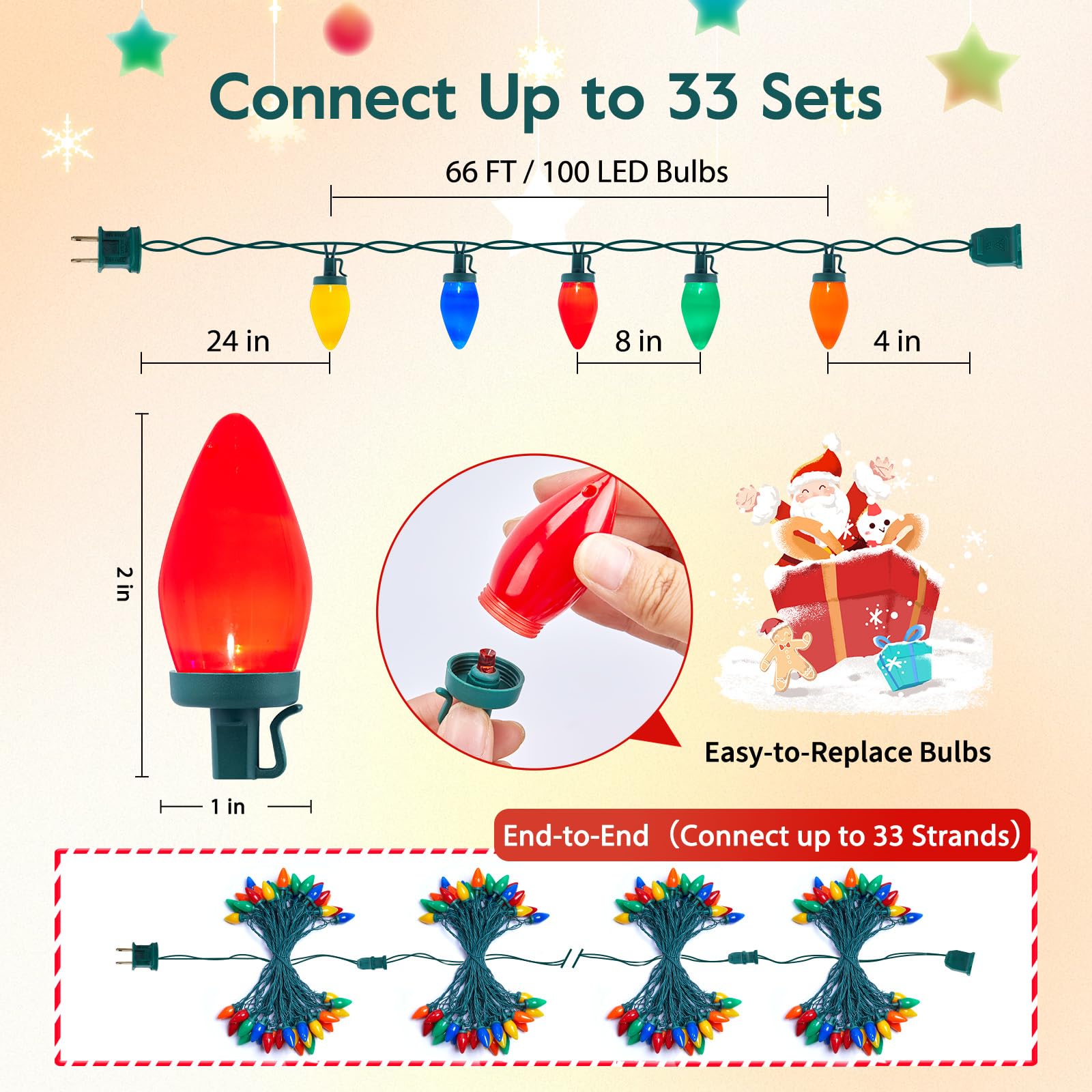 Brightown C9 LED Christmas String Lights, 66ft Multi-Color, 100 Opaque Bulbs, Outdoor Vintage Decor