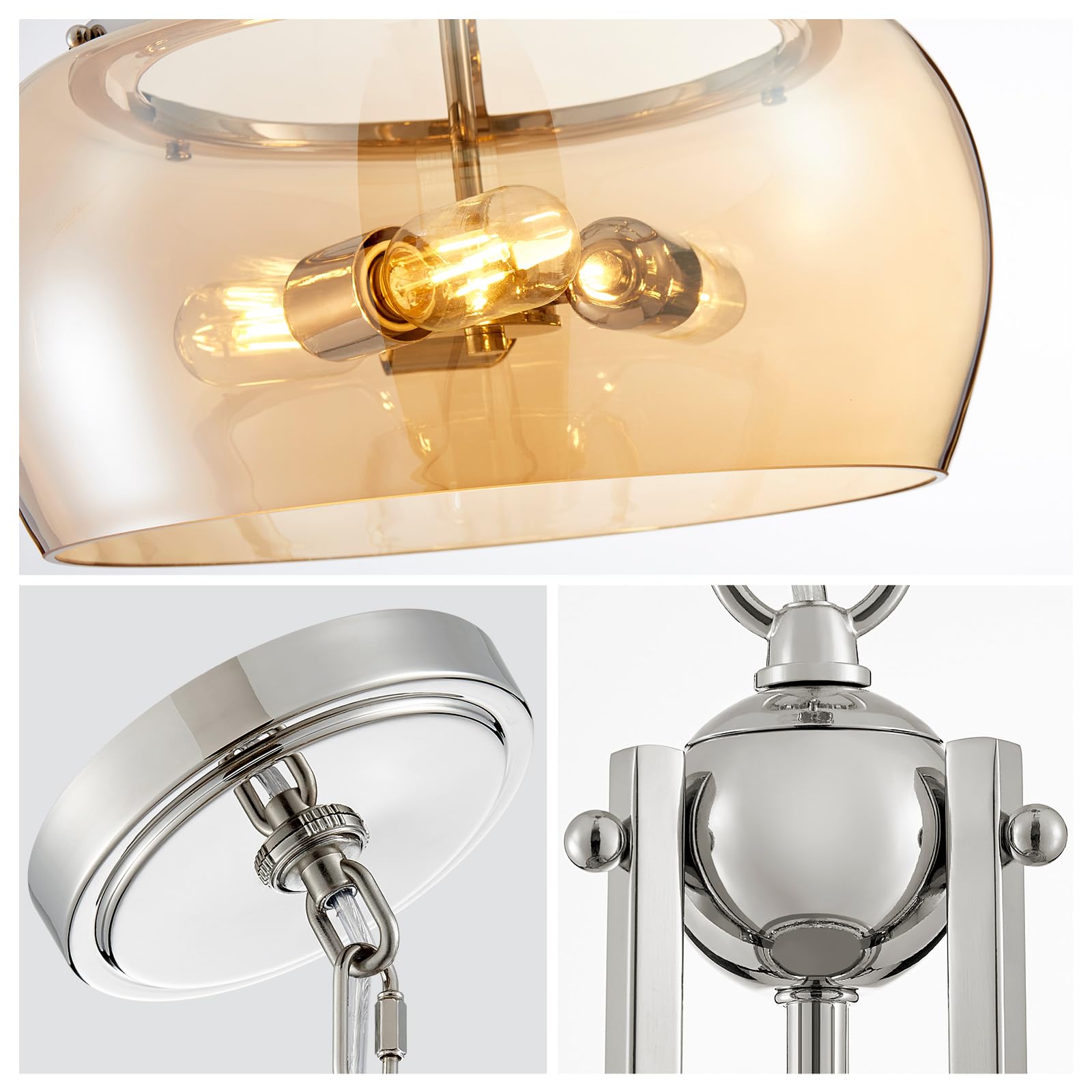 WUZUPS Nickel Chandelier LED Light Fixture, 3-Light Amber Glass Shade, H 20.9in W 15.9in, Rustic Farmhouse Industrial, Model USHD30308AR