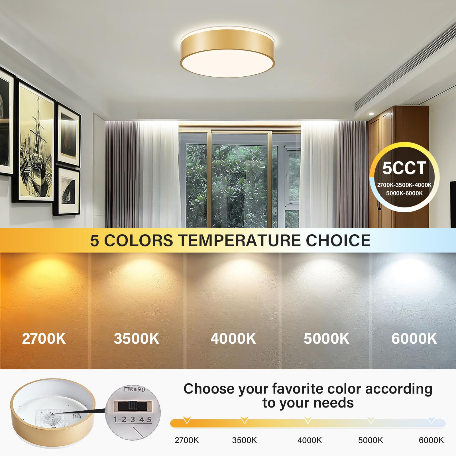 Peblto Dimmable Gold Led Ceiling Light, 5Cct Modern Flush Mount Lamp, 15.7In For Home Decor