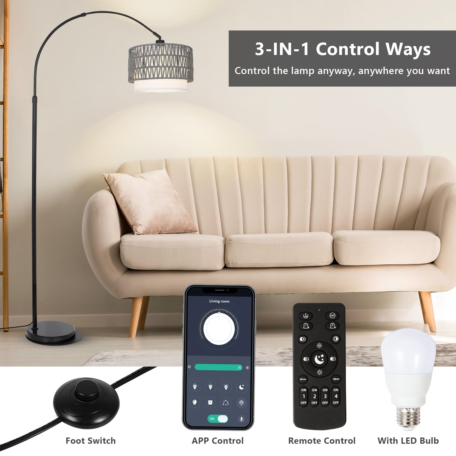 Boho Floor Lamps For Living Room, Arc Floor Lamp For Bedroom With Remote And Dimmable Bulb, Over Couch Standing Lamp, Farmhouse