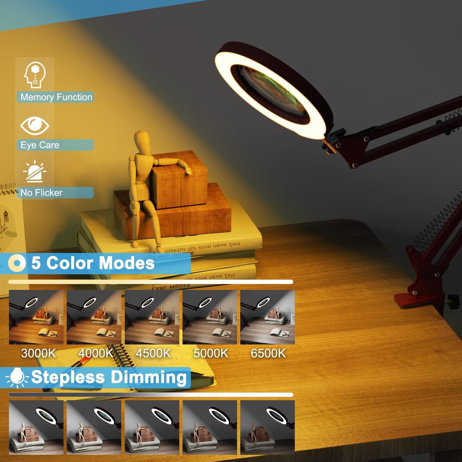 Coyeth 10X Magnifying Glass with Light, Metal Clamp Desk Lamp, Stepless Dimmable LED, Red