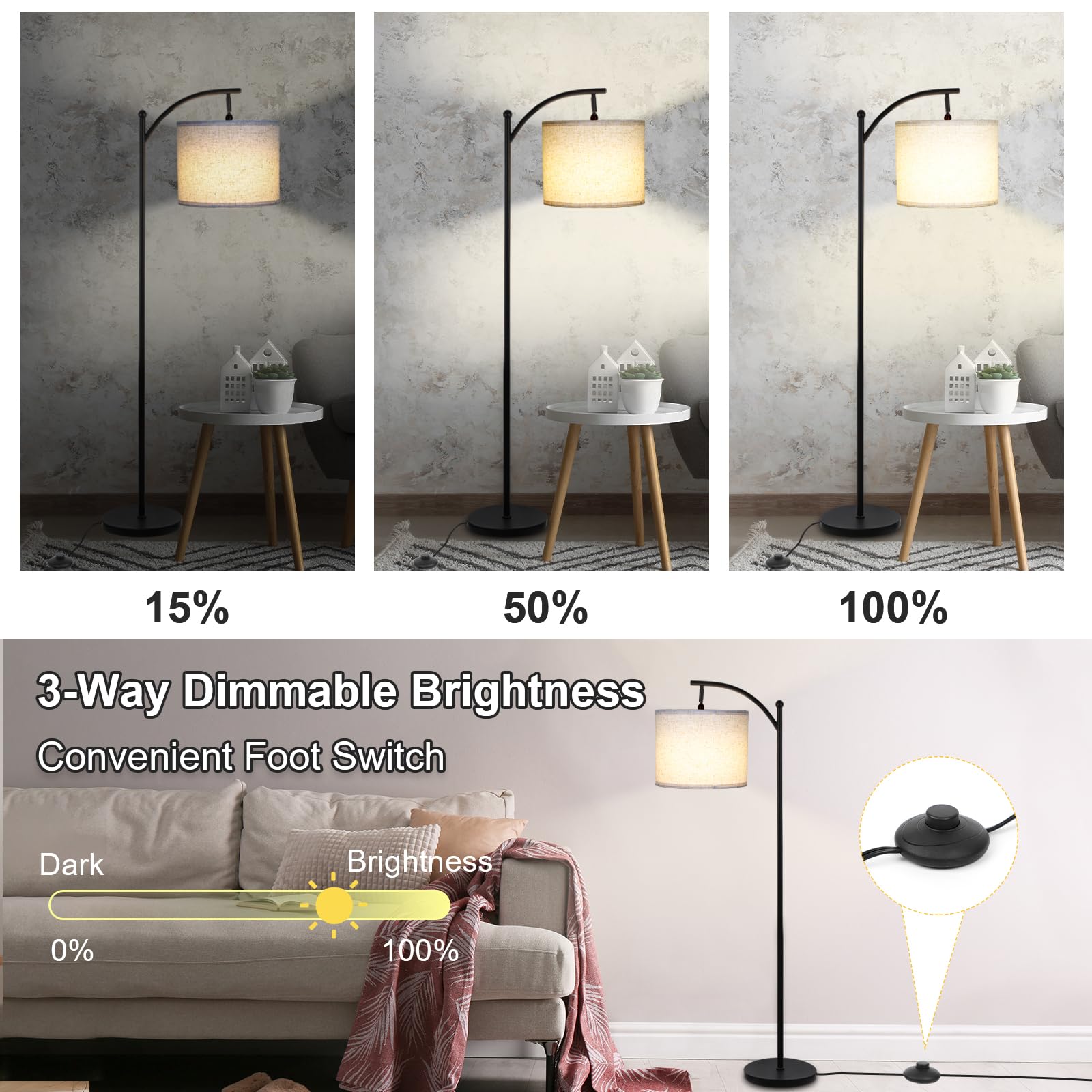 Lalisu Modern Floor Lamp, 3-Ways Dimmable Standing Lamp With Linen Shade, Adjustable Height, Foot-Step Switch, Reading Lamp For