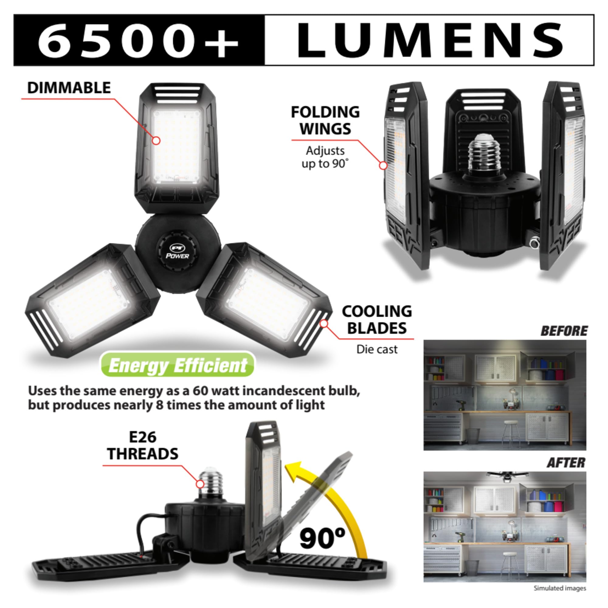 Performance Tool W2284 LED Ceiling Light, 6500+ Lumen, Dimmable, Daylight White, E26 Socket