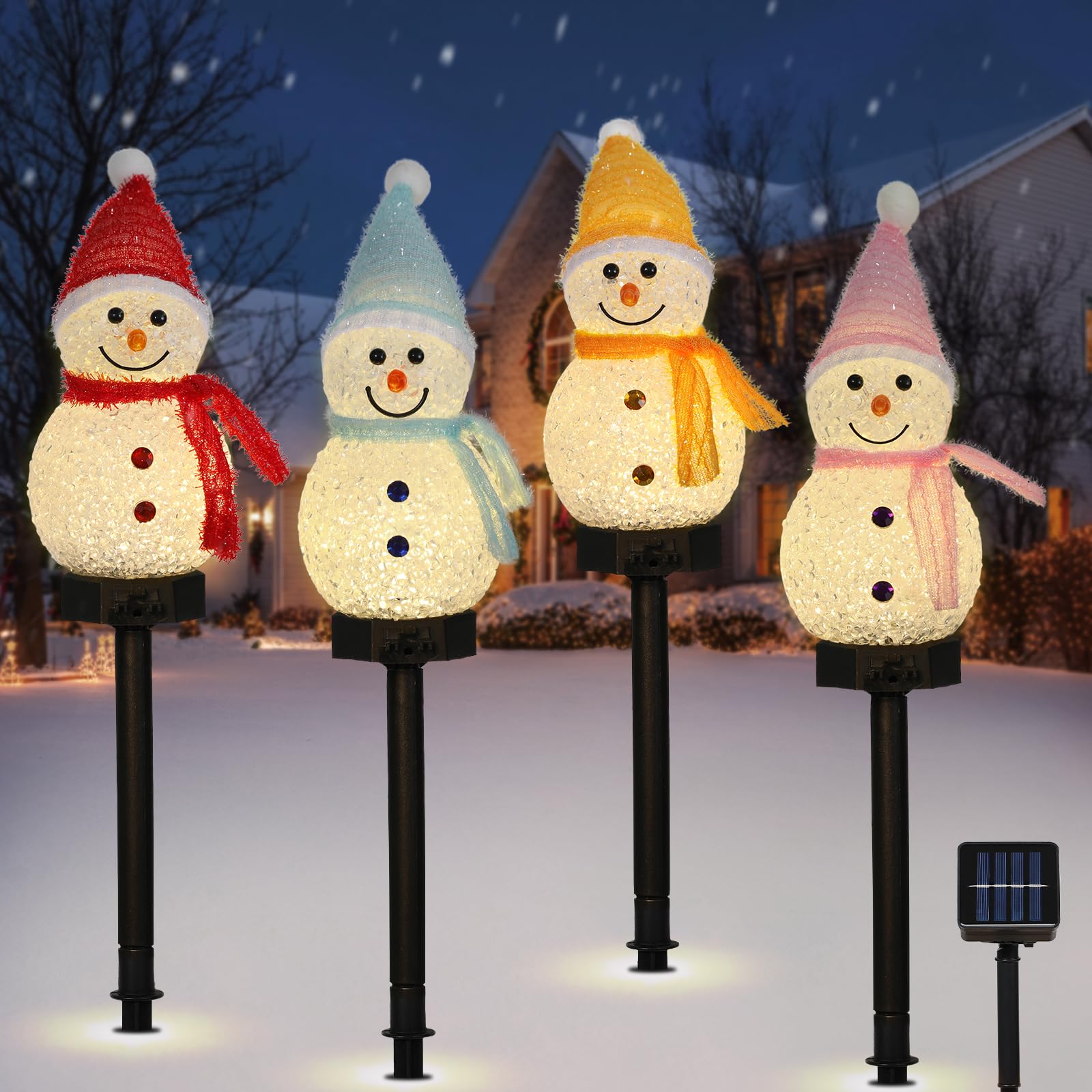 Lewondr Snowman Christmas Decorations Lights, 4Pcs Solar Lighted Snowman With Garden Stakes, Waterproof Garden Lawn Pathway With