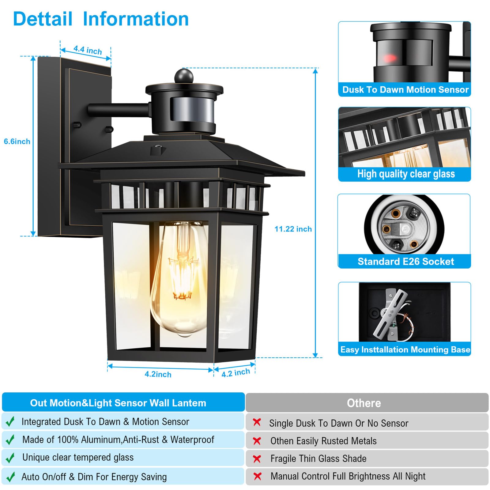 Hifeelen Motion Sensor Outdoor Wall Light, Dusk To Dawn, Waterproof Aluminum, Black Gold