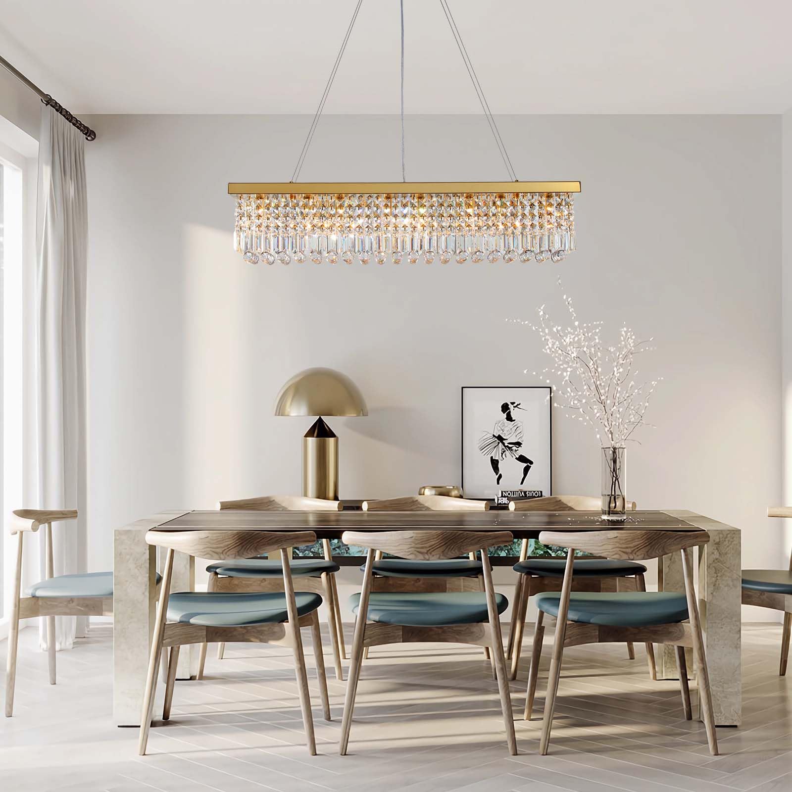 7PM Rectangle K9 Crystal Chandelier - Modern Gold Pendant Light Fixture, L47in x W10in x H10in, Stainless Steel, for Dining Room, Kitchen, Bedroom