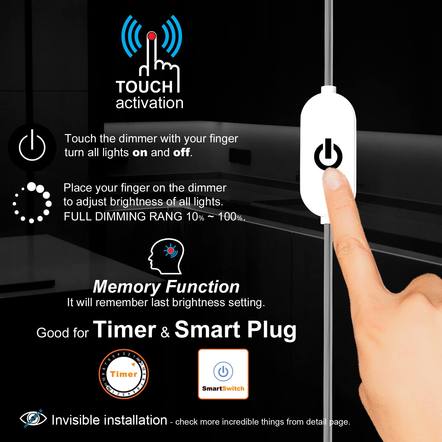 Ebd Under Cabinet Lighting Touch Under Cabinet Lights Built-In 45Cm Adjustable Cable, Splitter & 3 External Cable, 9 Panel 6500K