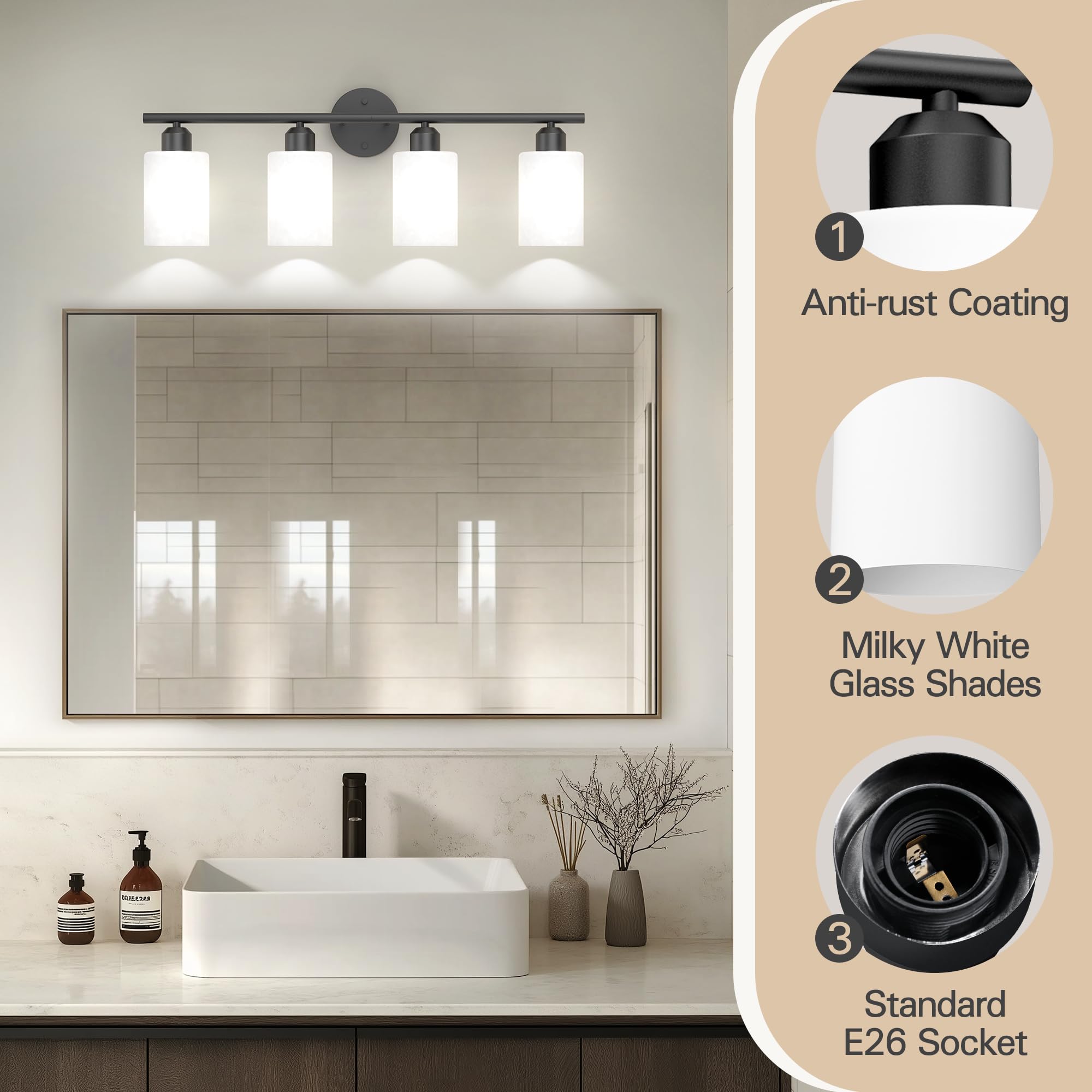 Espird 4-Lights Bathroom Light Fixtures, Matte Black Vanity Lighting, Textured Frosted Opal Shades, Model L01-4-BK-W