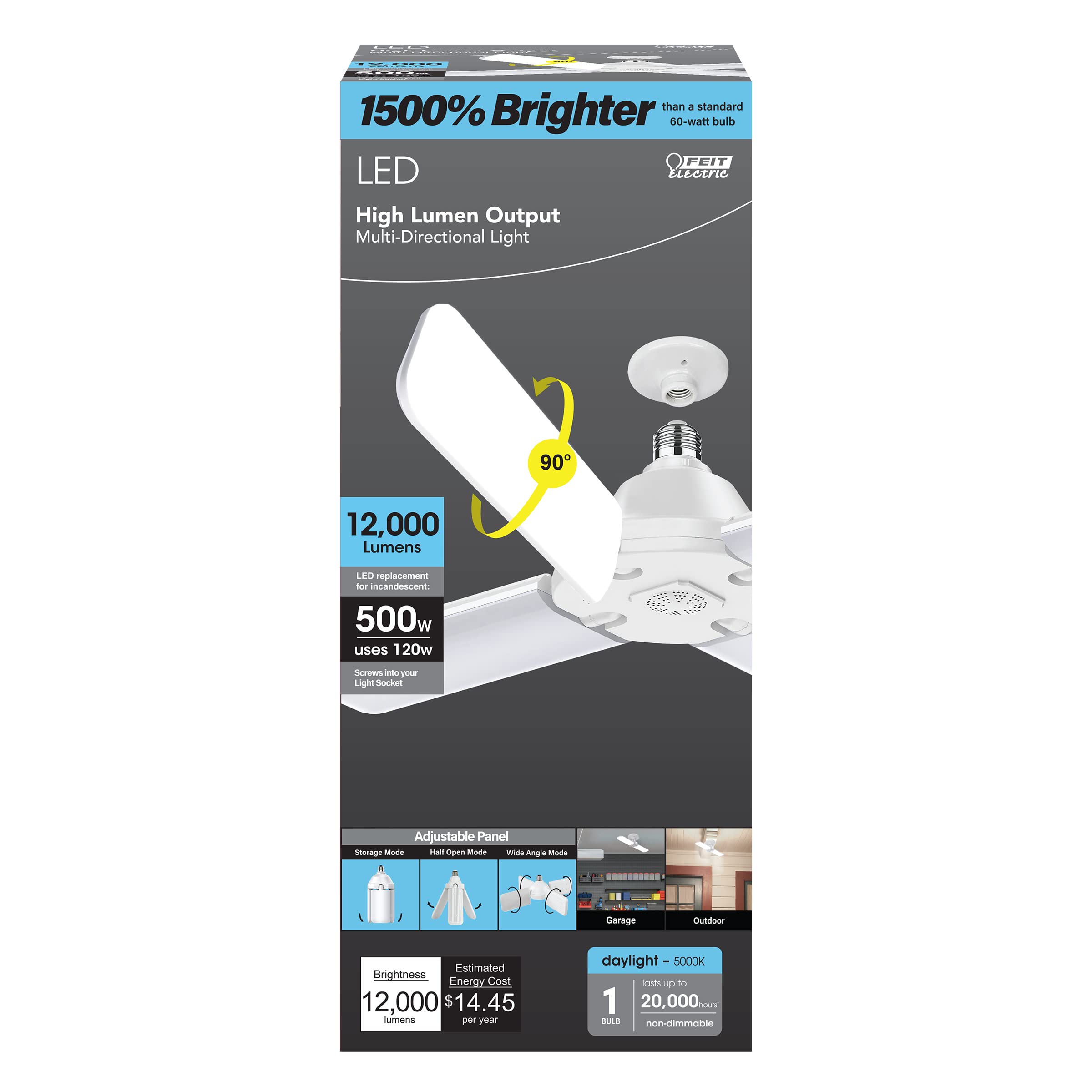 Feit Electric Led Garage Light, 4 Panel Adjustable Screw-In Led Shop Light Bulb, E26 Base, 12000 Lumens, Non-Dimmable, 5000K Day
