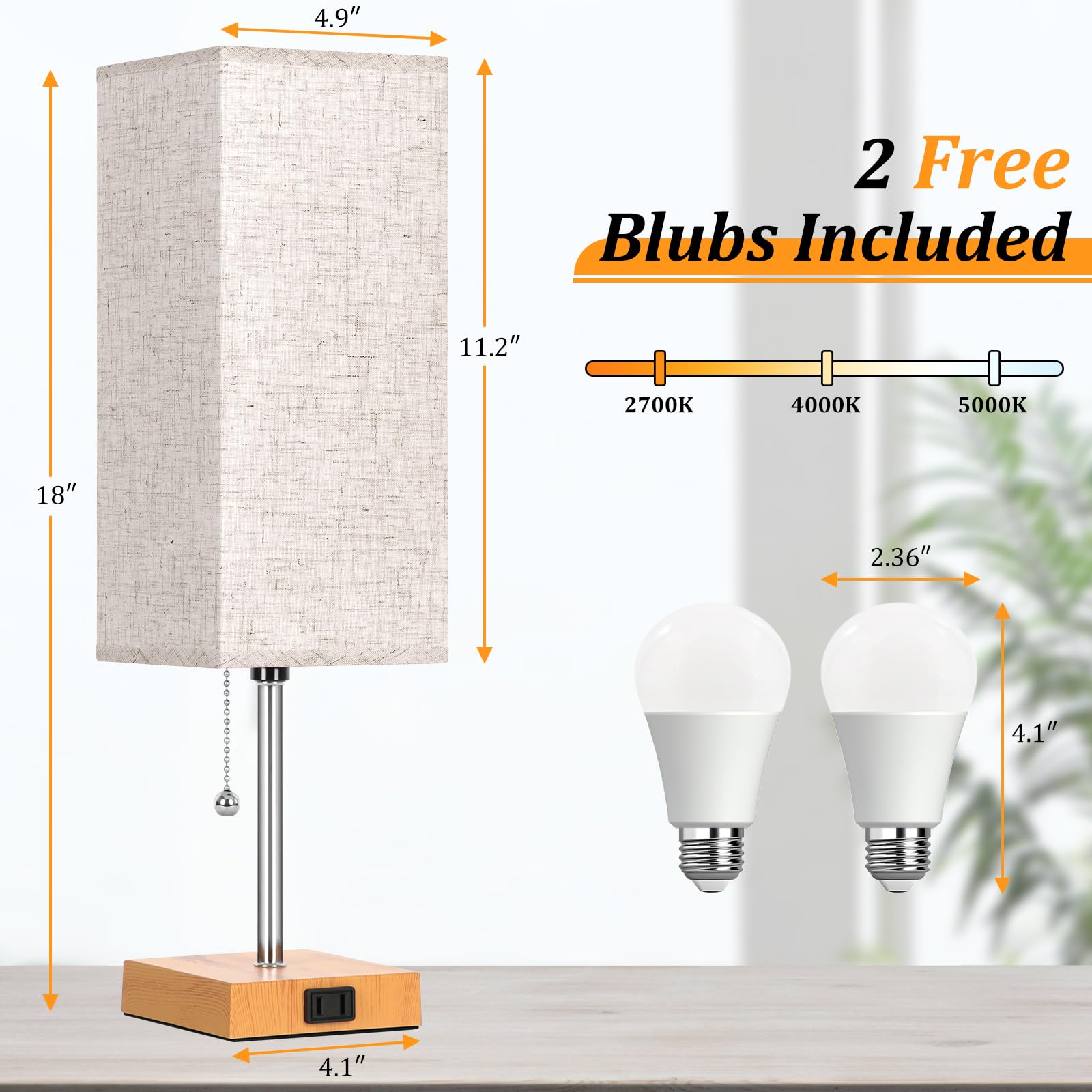 Dott Arts Table Lamp Set of 2, 18in Wood+Cream, 3-Color Bedside Lamps with Pull Chain and AC Outlets, Model PTL6W-024